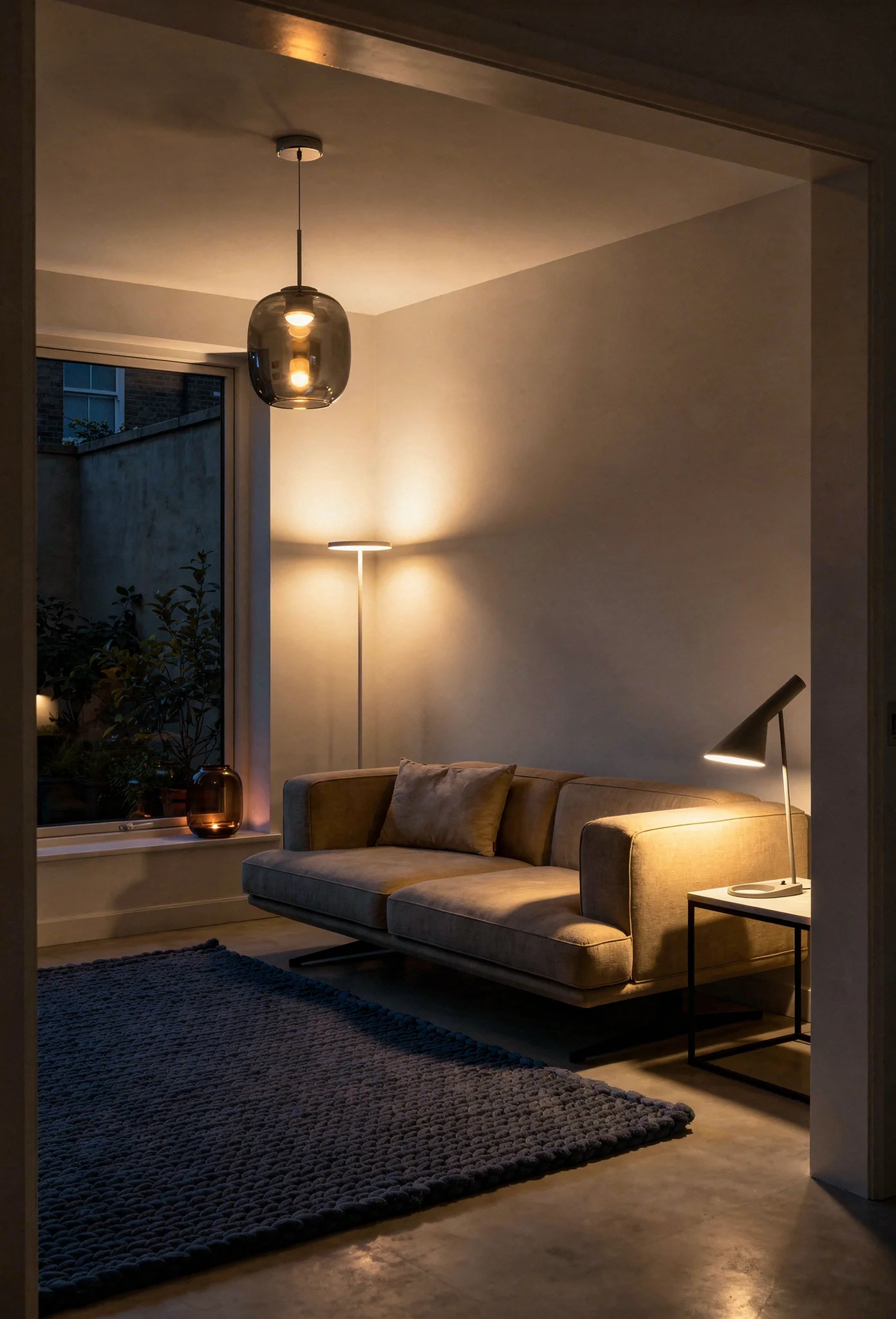 How to design a modern living room featuring black steel sofa with layered glass pendant and floor lamp lighting evening mood