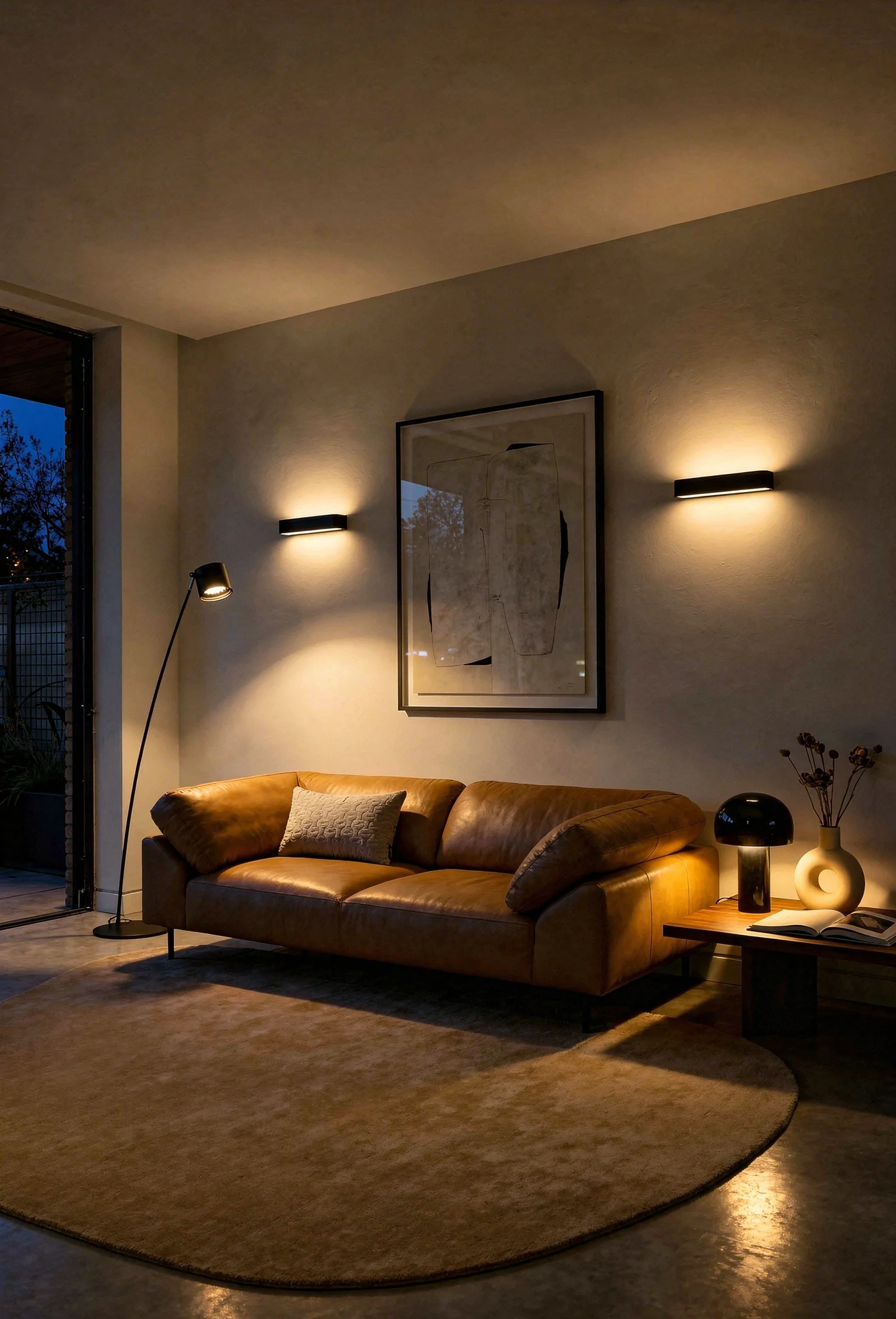 Modern living room lighting featuring tan leather sofa with black arc floor lamp and globe table lamp evening mood