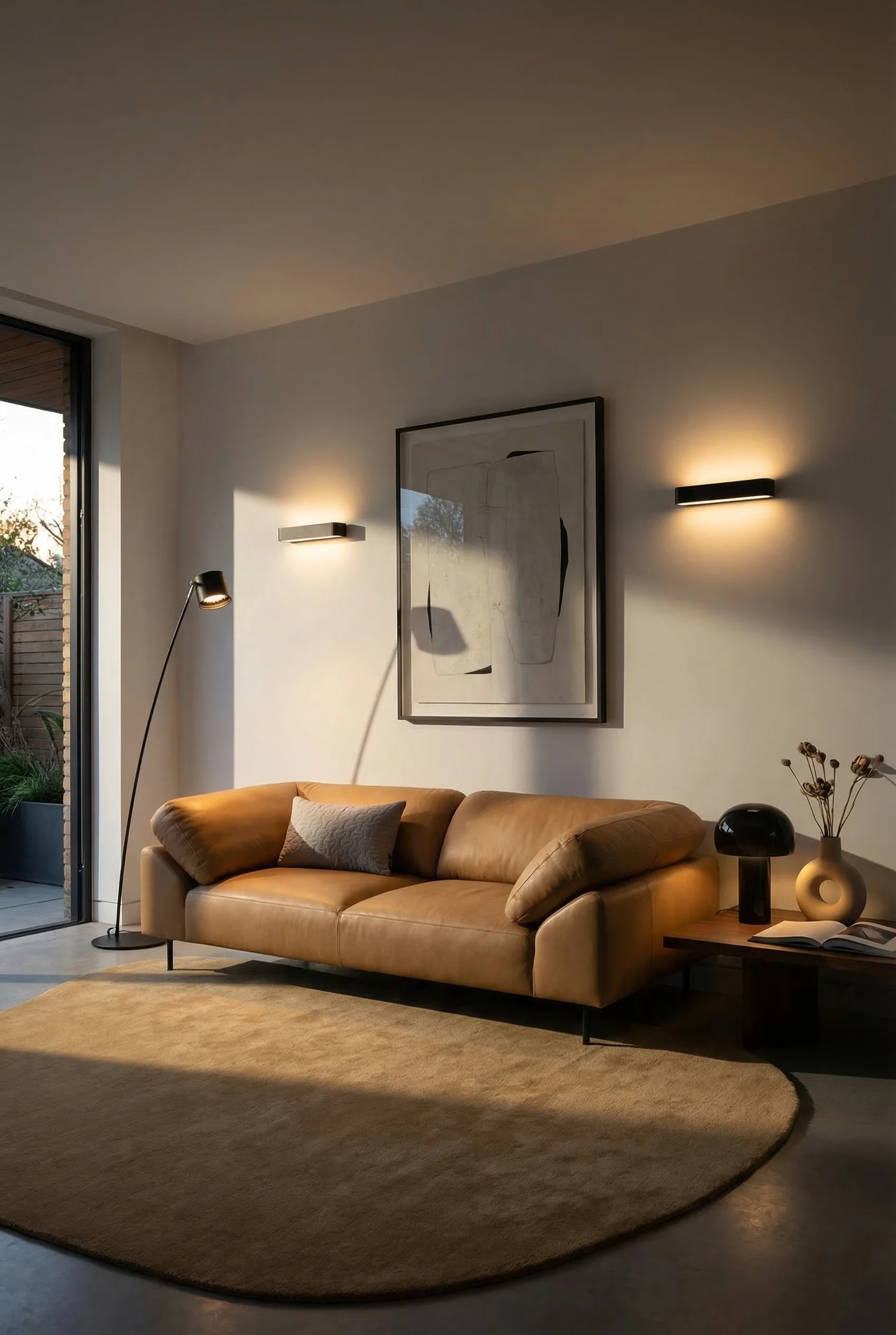 Modern living room lighting featuring tan leather sofa with black arc floor lamp and globe table lamp