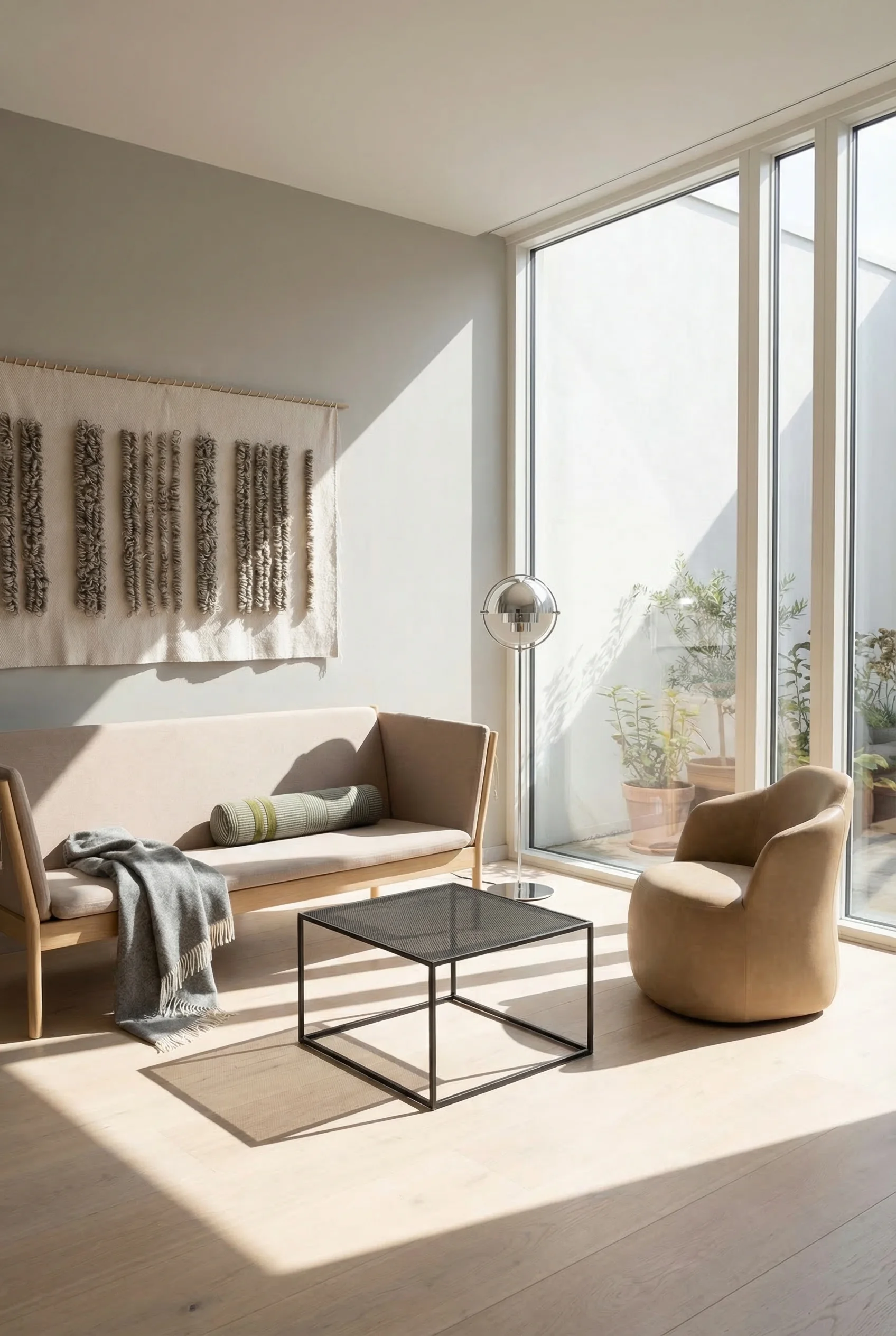 How to design a modern living room featuring tan low-profile sofa with black mesh coffee table and chrome floor lamp