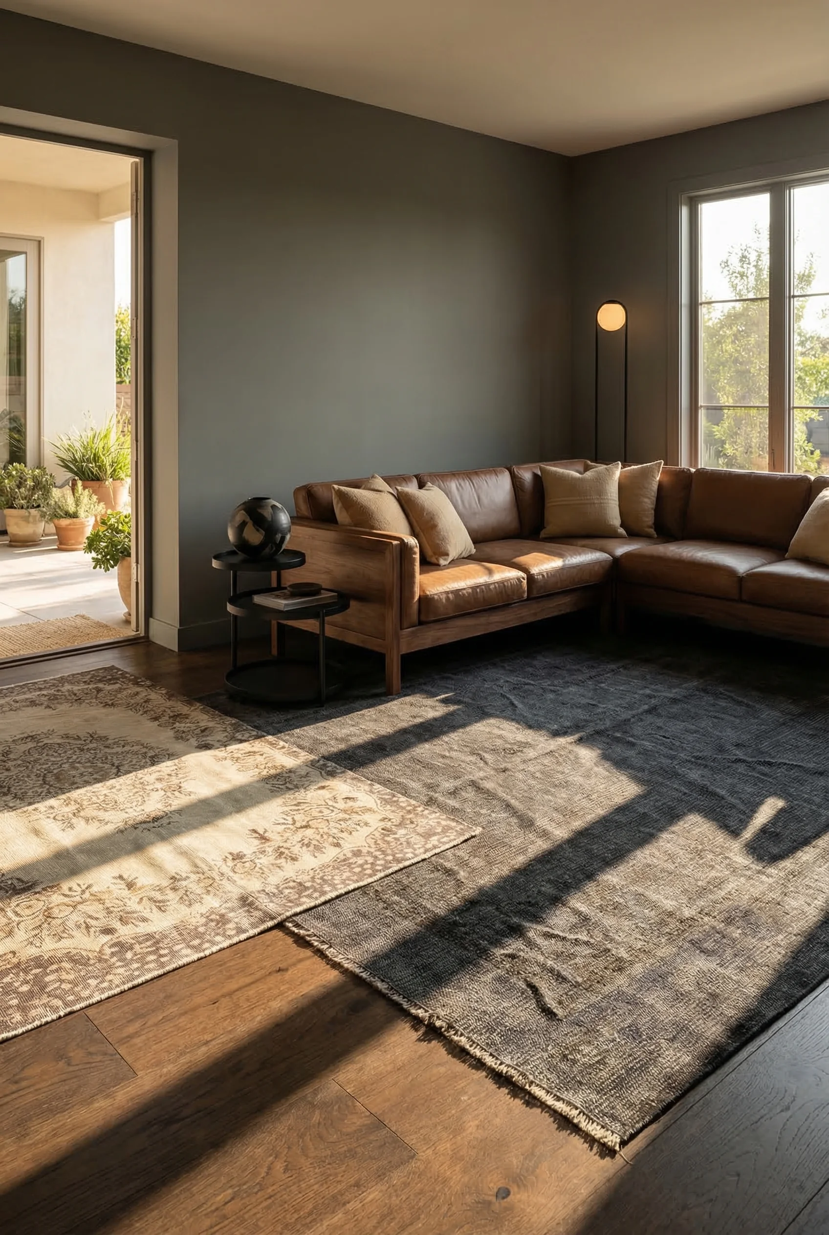 How to design a modern living room featuring brown leather sectional with layered vintage Turkish rugs