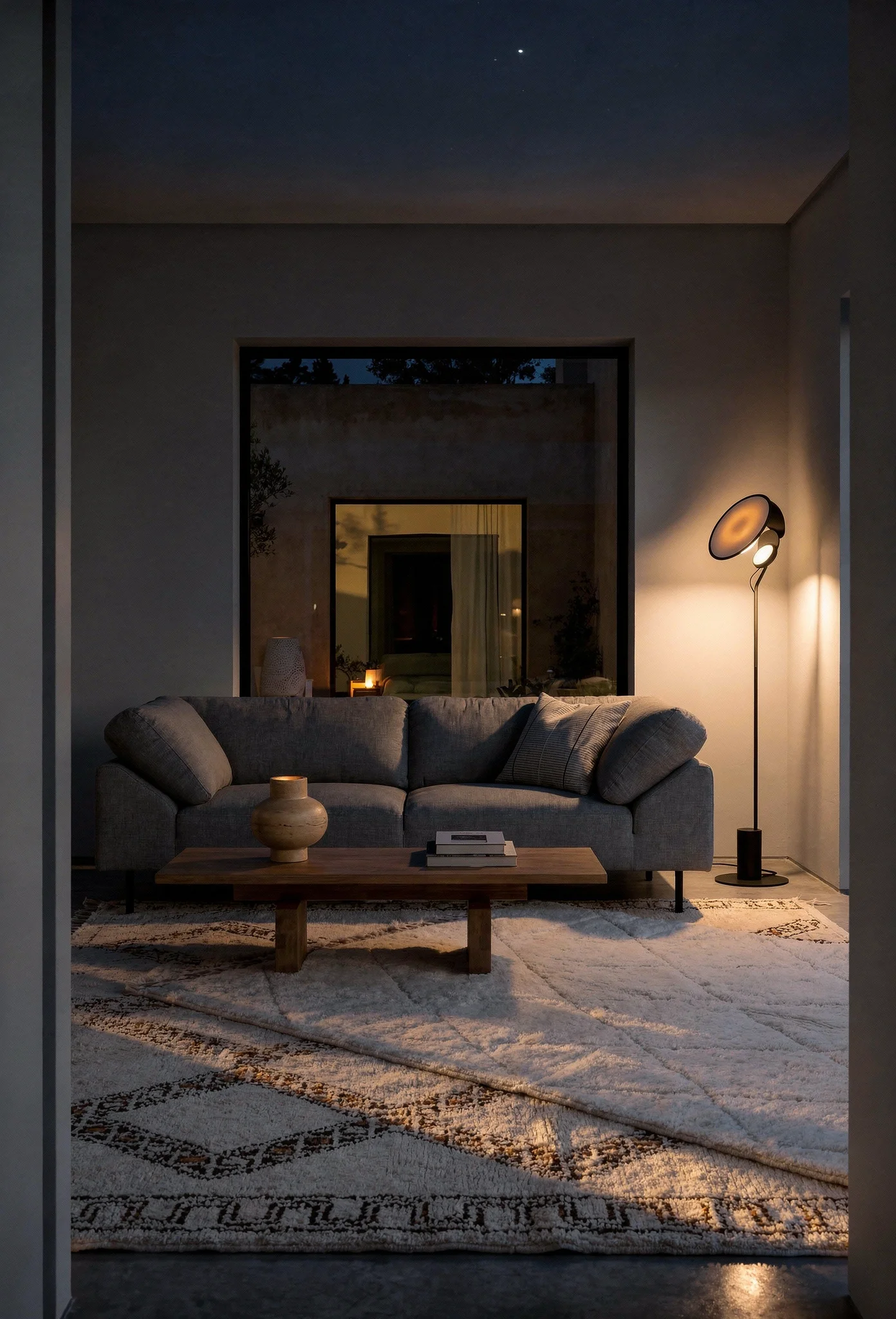 How to design a modern living room featuring gray wraparound sofa with layered wool rugs evening mood