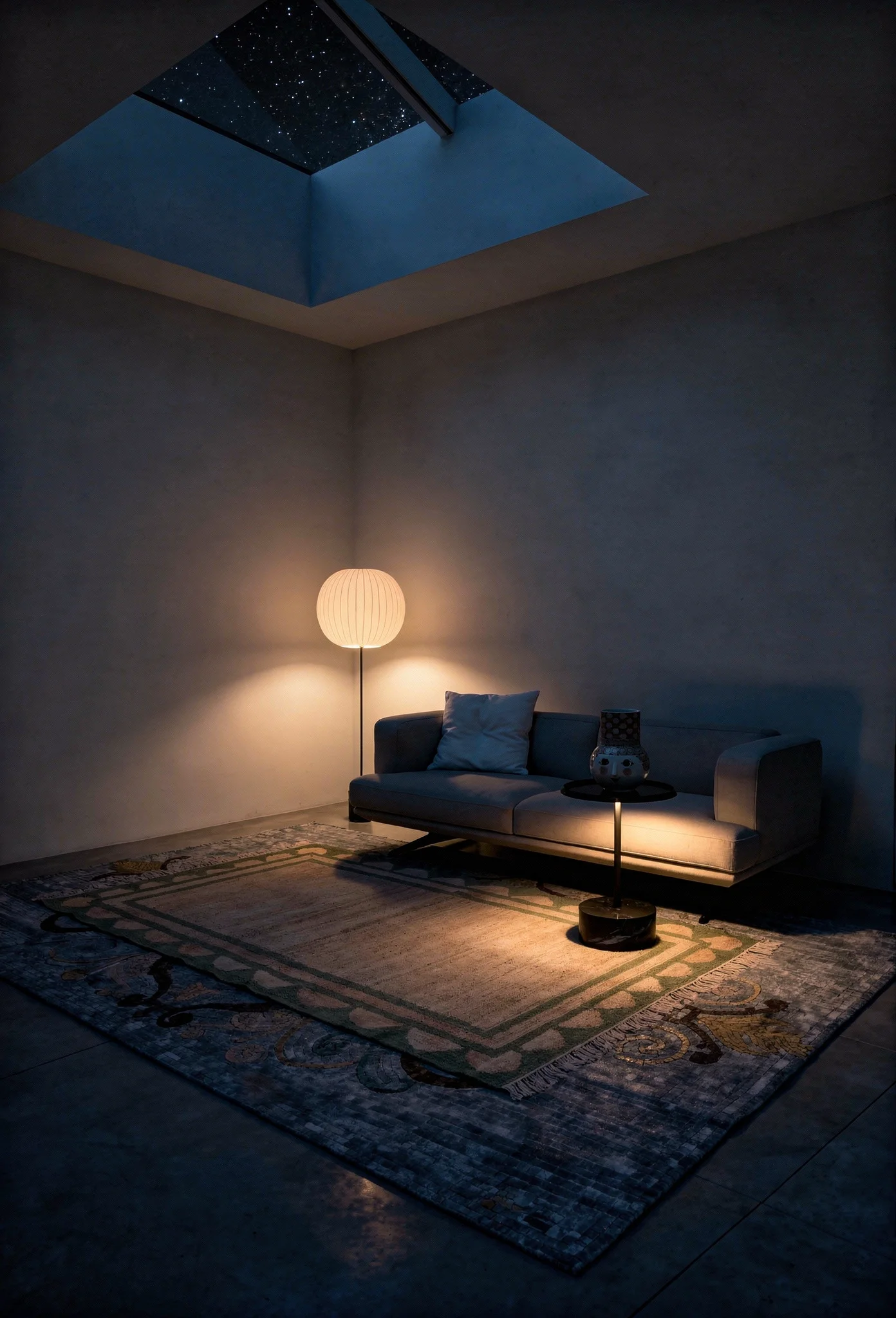 How to design a modern living room featuring ivory steel-framed sofa with layered geometric and jute rugs evening mood