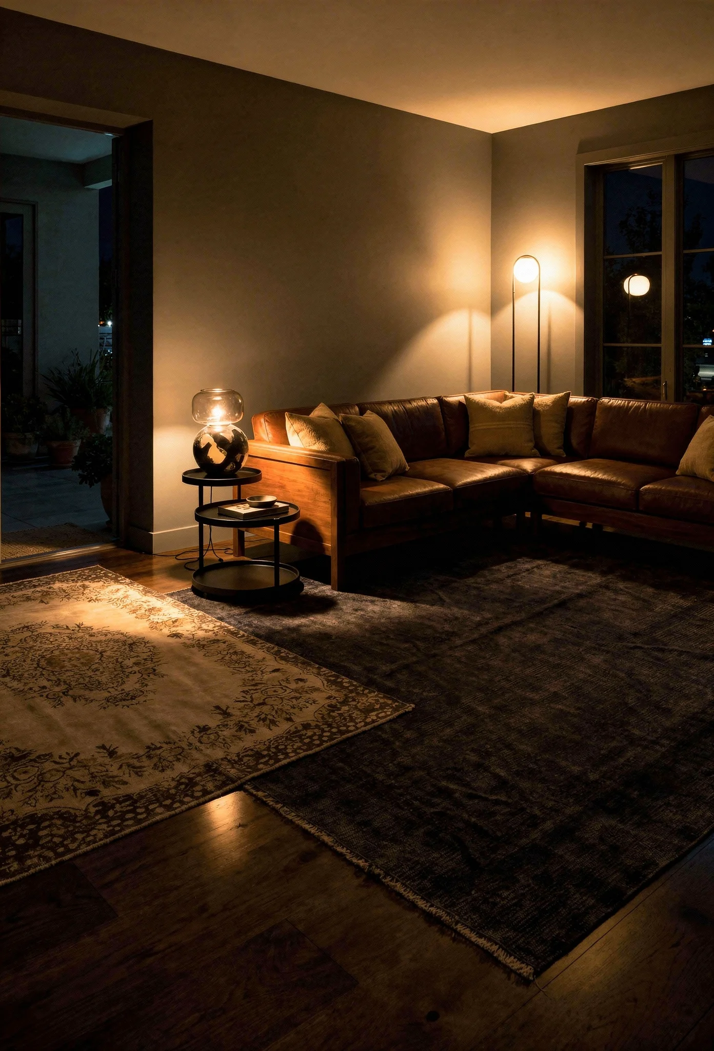 How to design a modern living room featuring brown leather sectional with layered vintage Turkish rugs evening mood