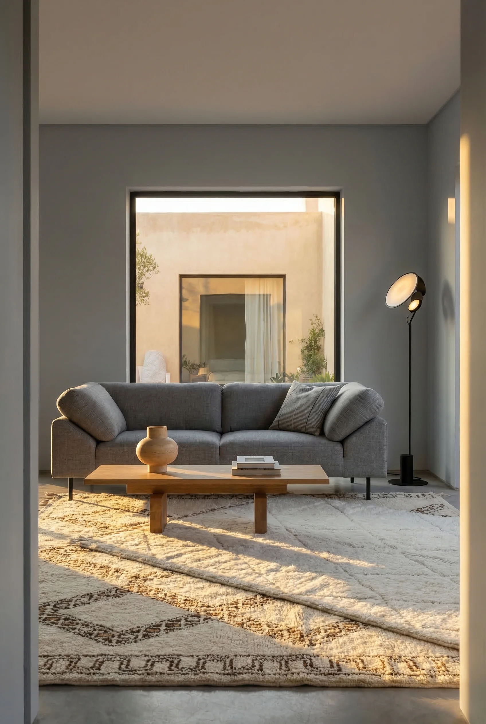 How to design a modern living room featuring gray wraparound sofa with layered wool rugs