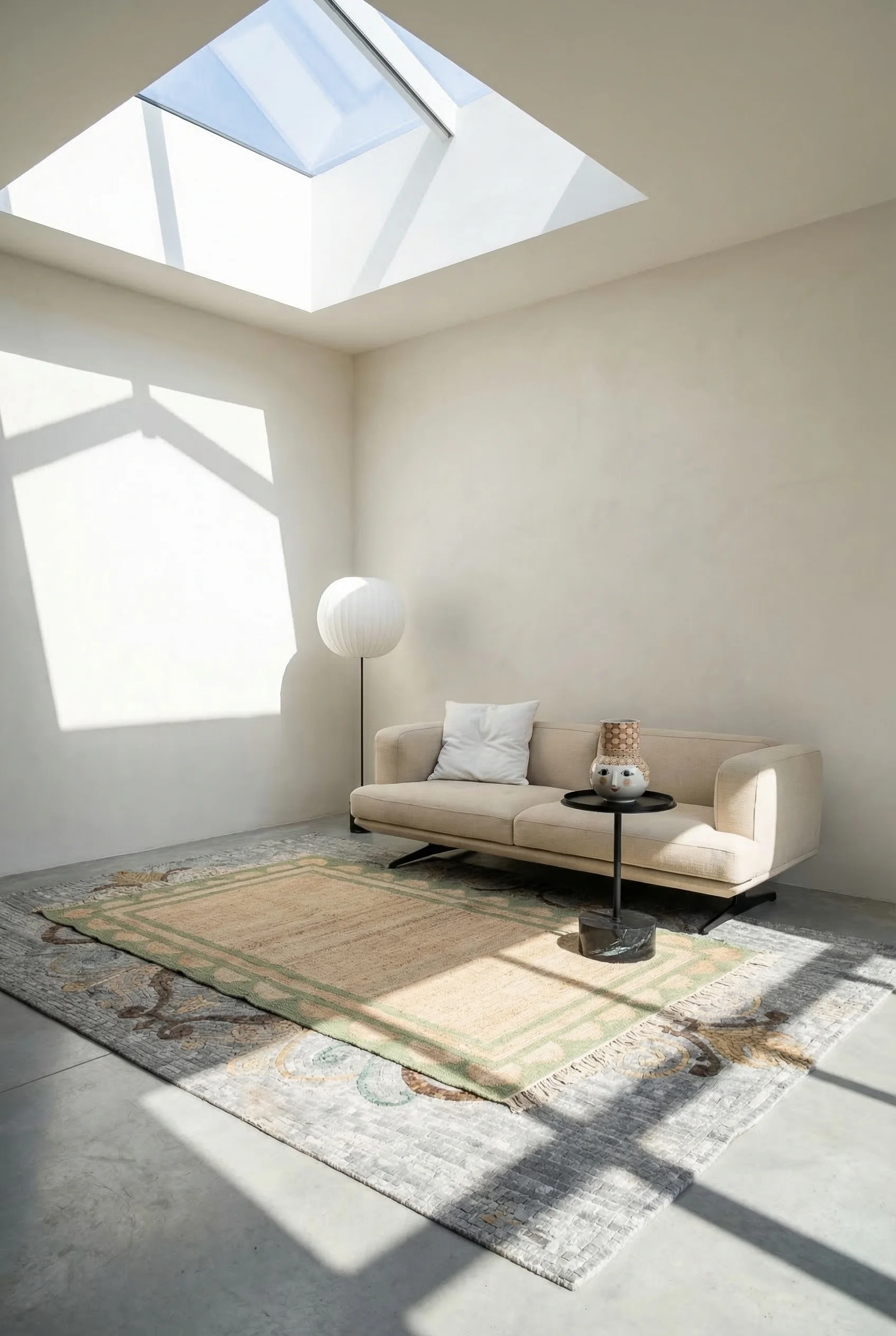 How to design a modern living room featuring ivory steel-framed sofa with layered geometric and jute rugs