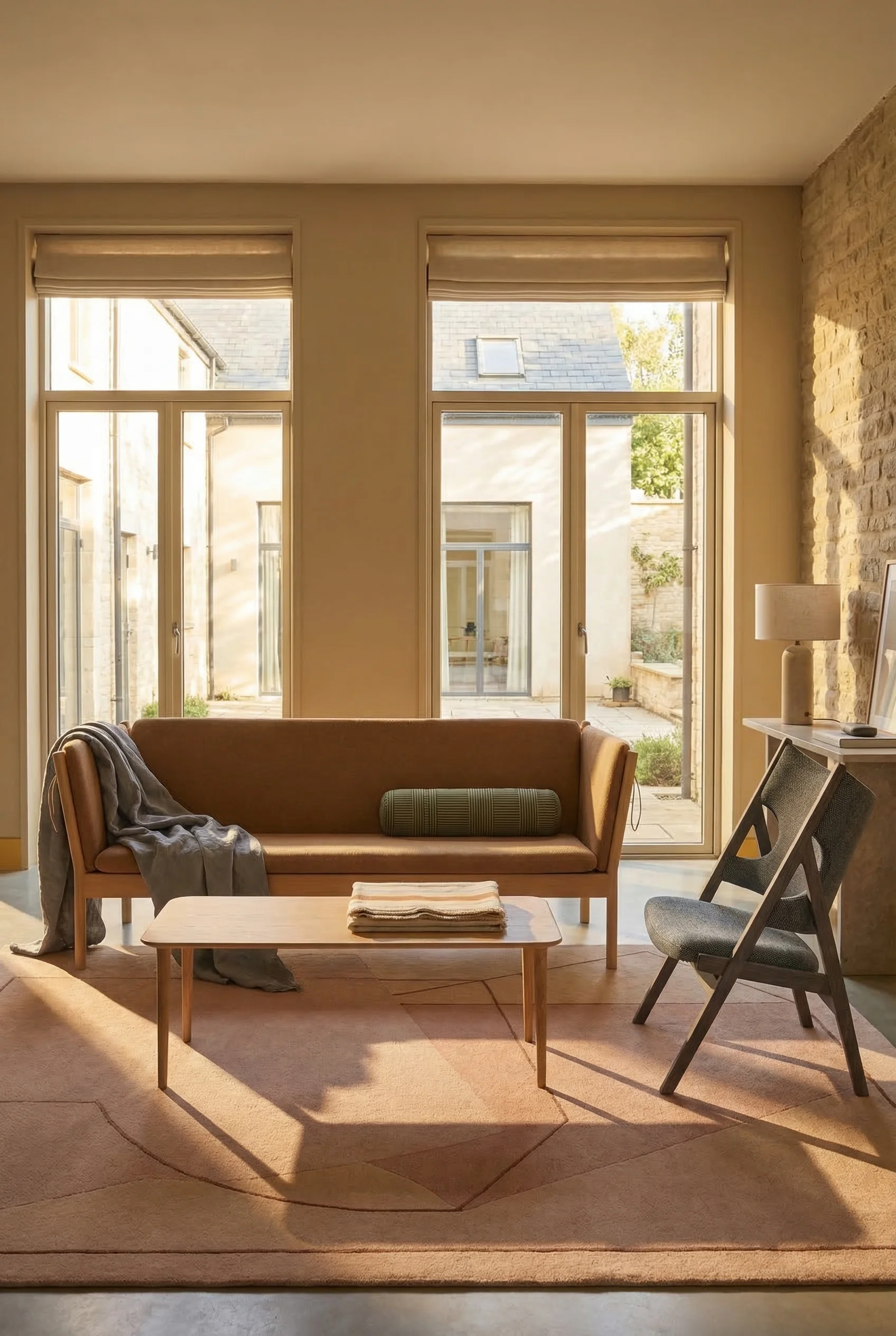 How to design a modern living room featuring tan fabric sofa with oak coffee table and stone lamp