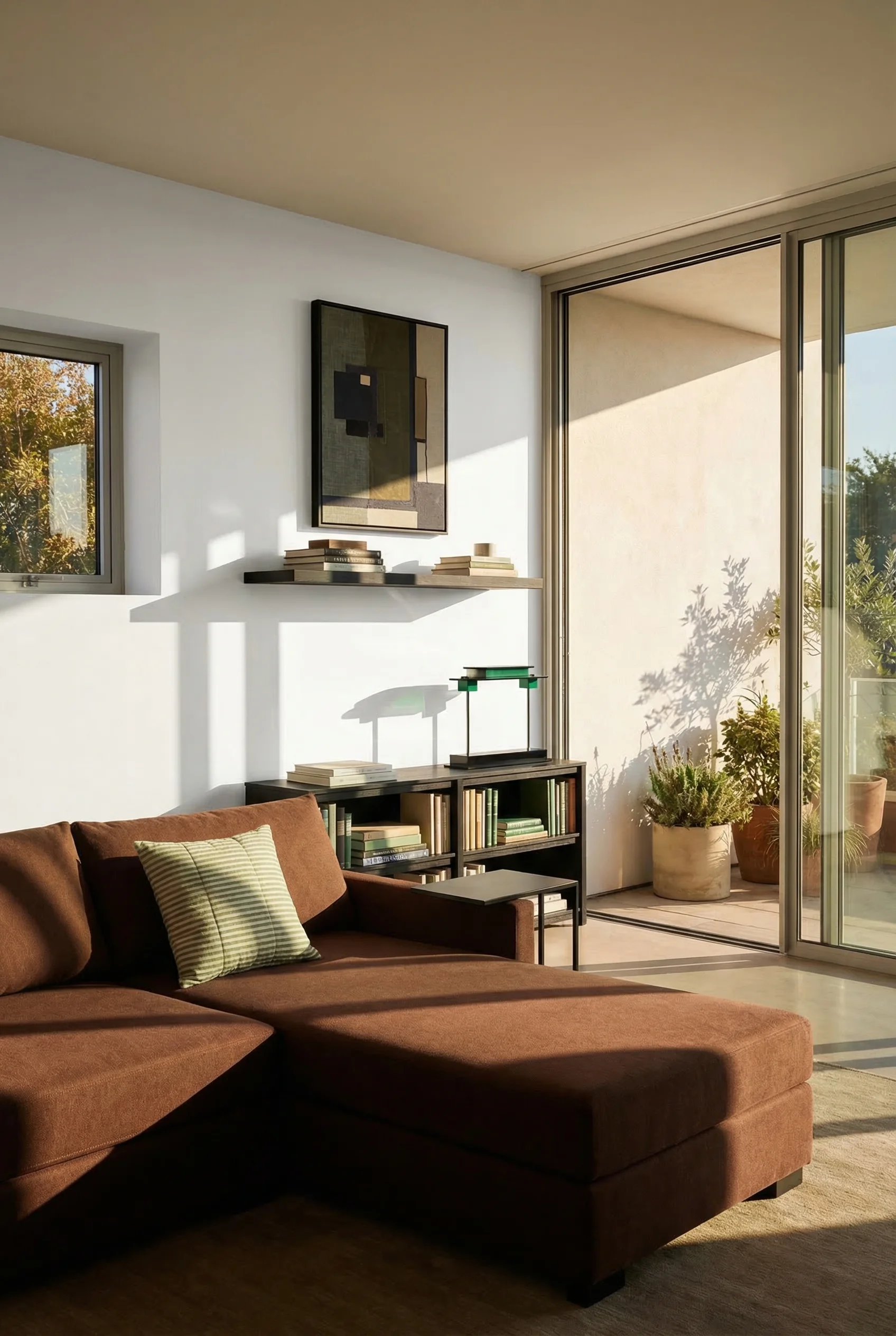 How to design a modern living room featuring brown fabric sectional with black oak bookcase and green accent lamp