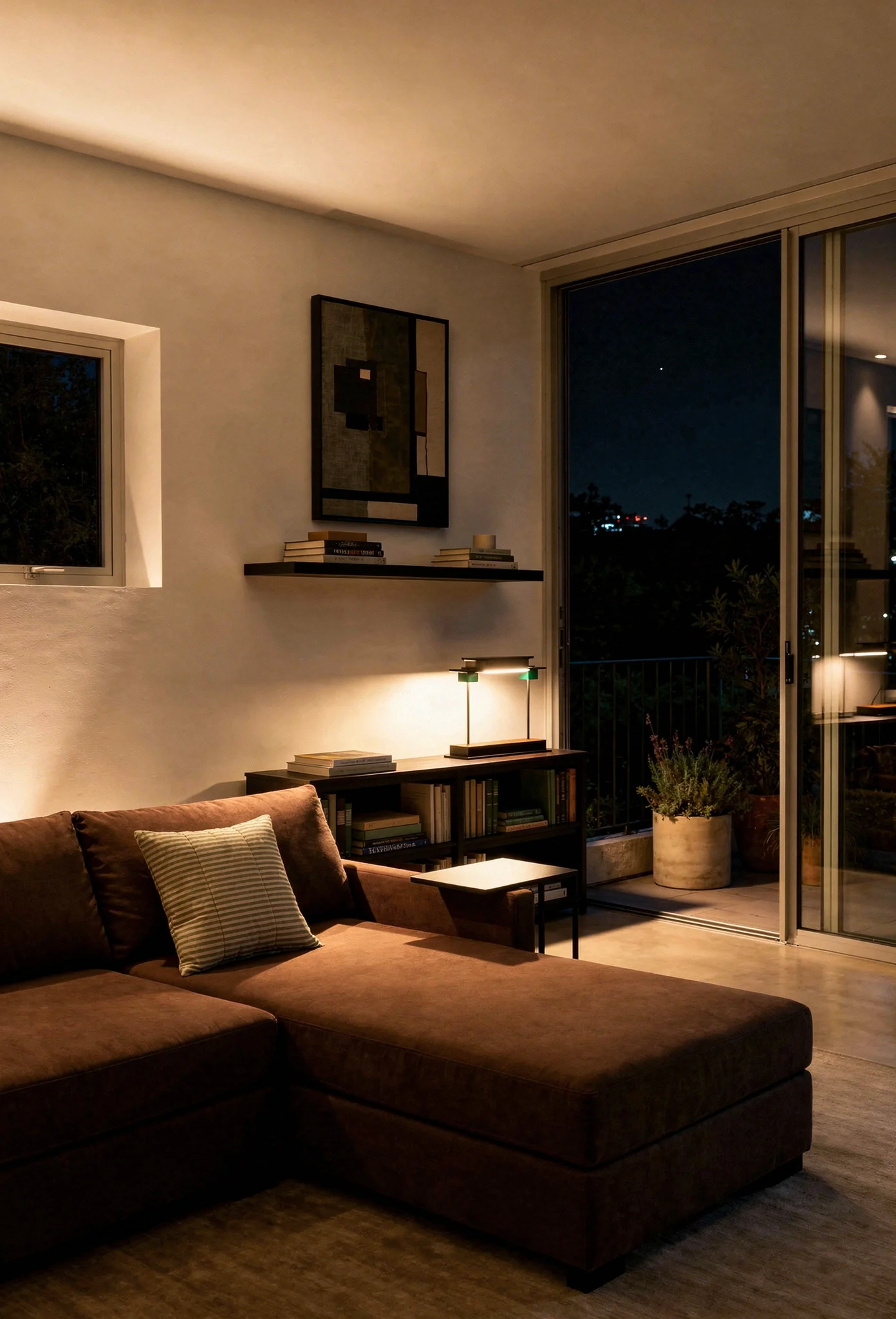 How to design a modern living room featuring brown fabric sectional with black oak bookcase and green accent lamp evening mood