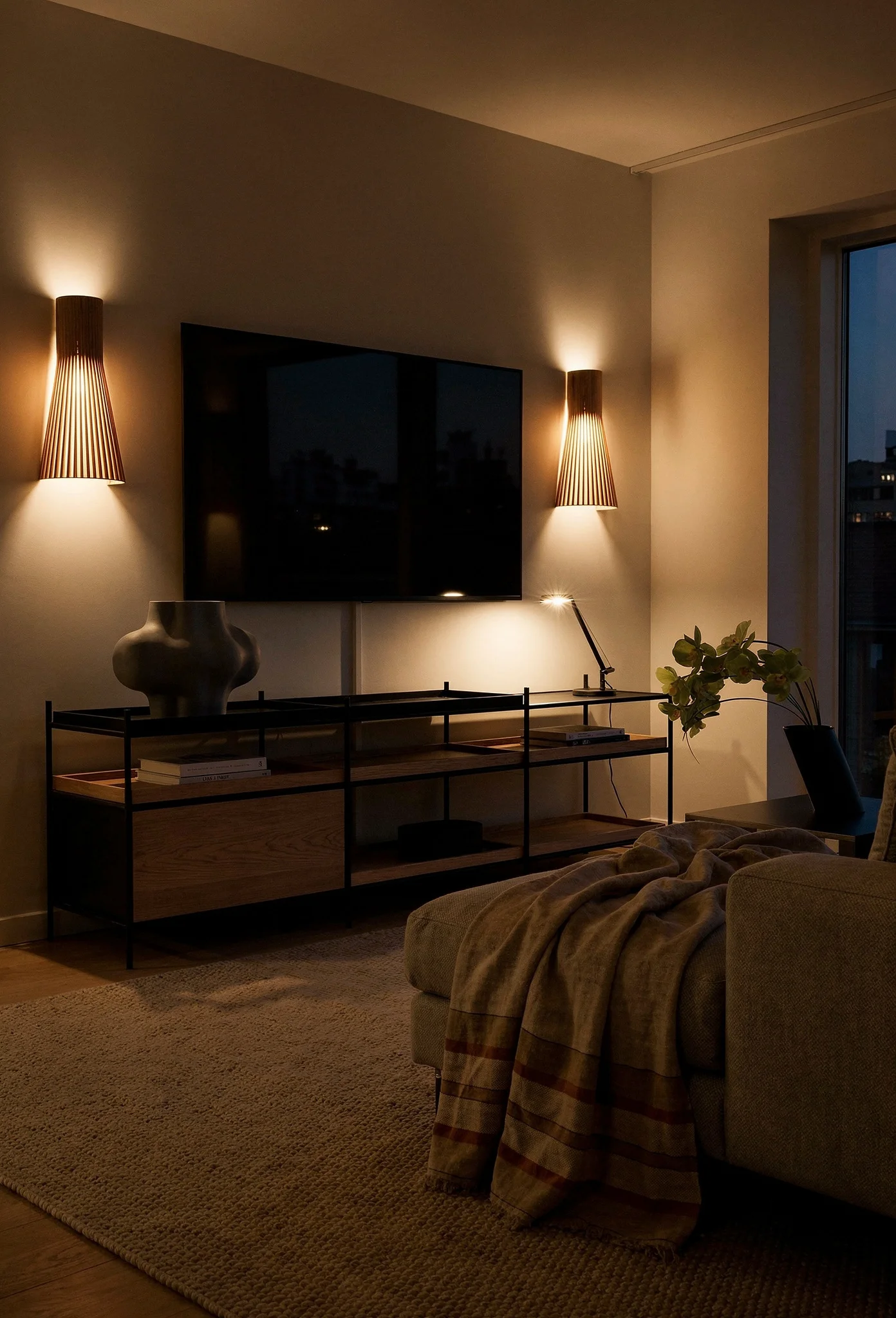 How to design a modern living room featuring oak-and-black media console with birch wall sconces evening mood