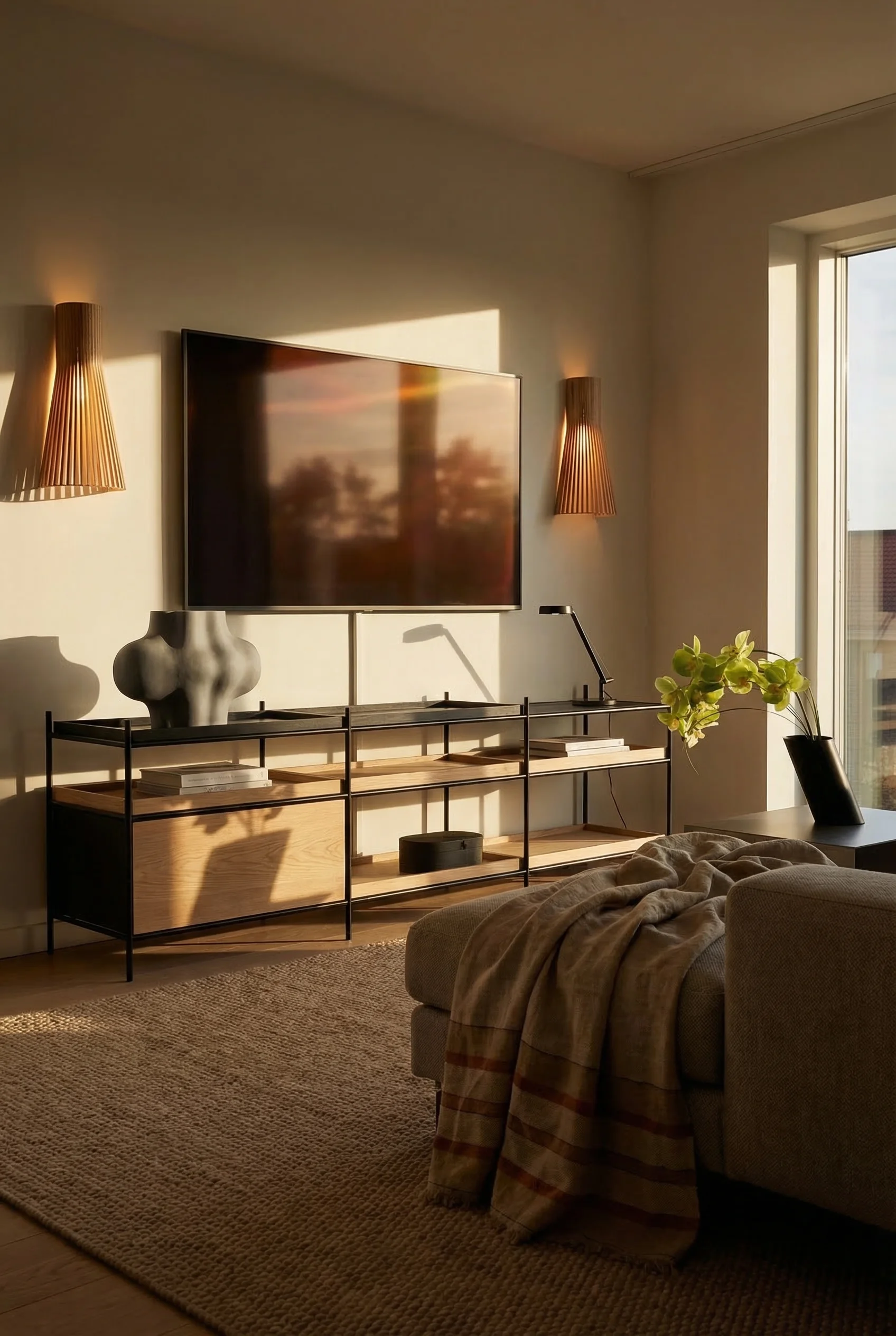 How to design a modern living room featuring oak-and-black media console with birch wall sconces