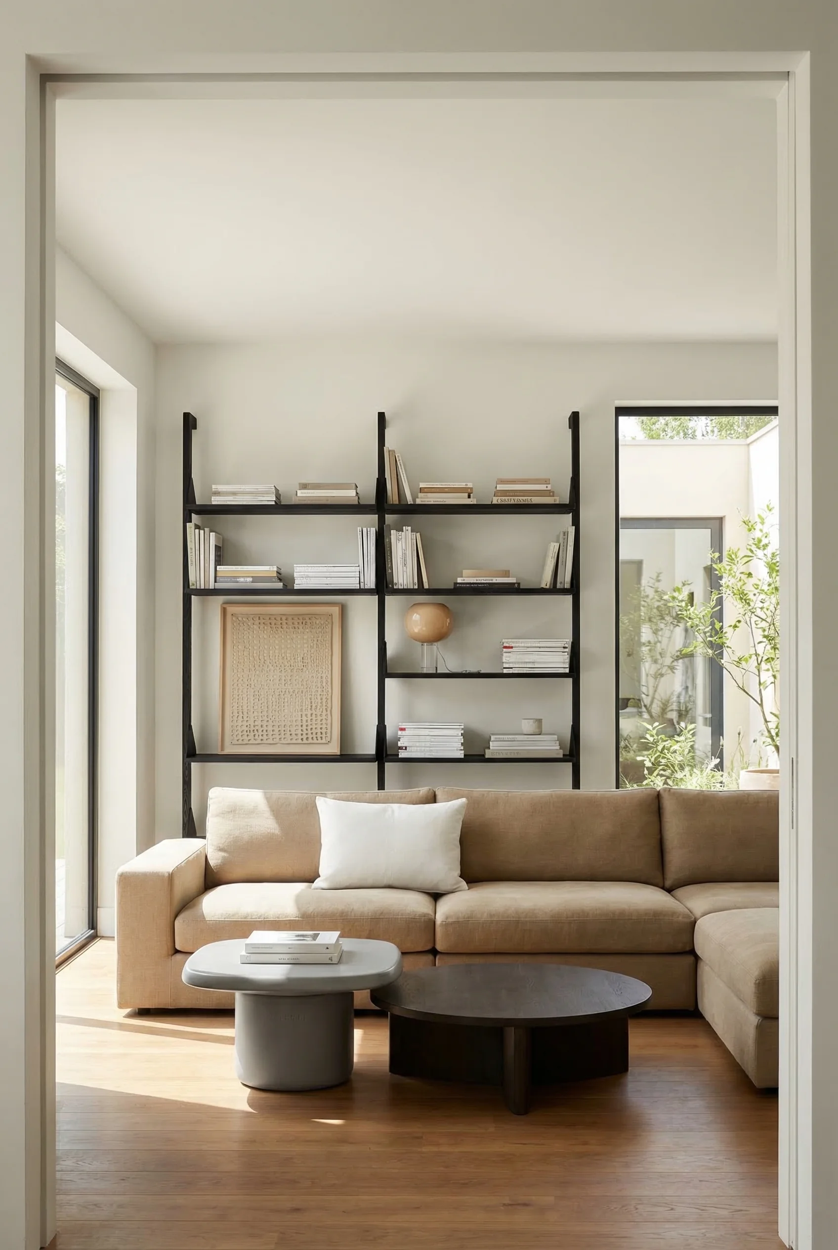 Modern living room tv cabinet design featuring tan linen sectional with black ash shelving unit