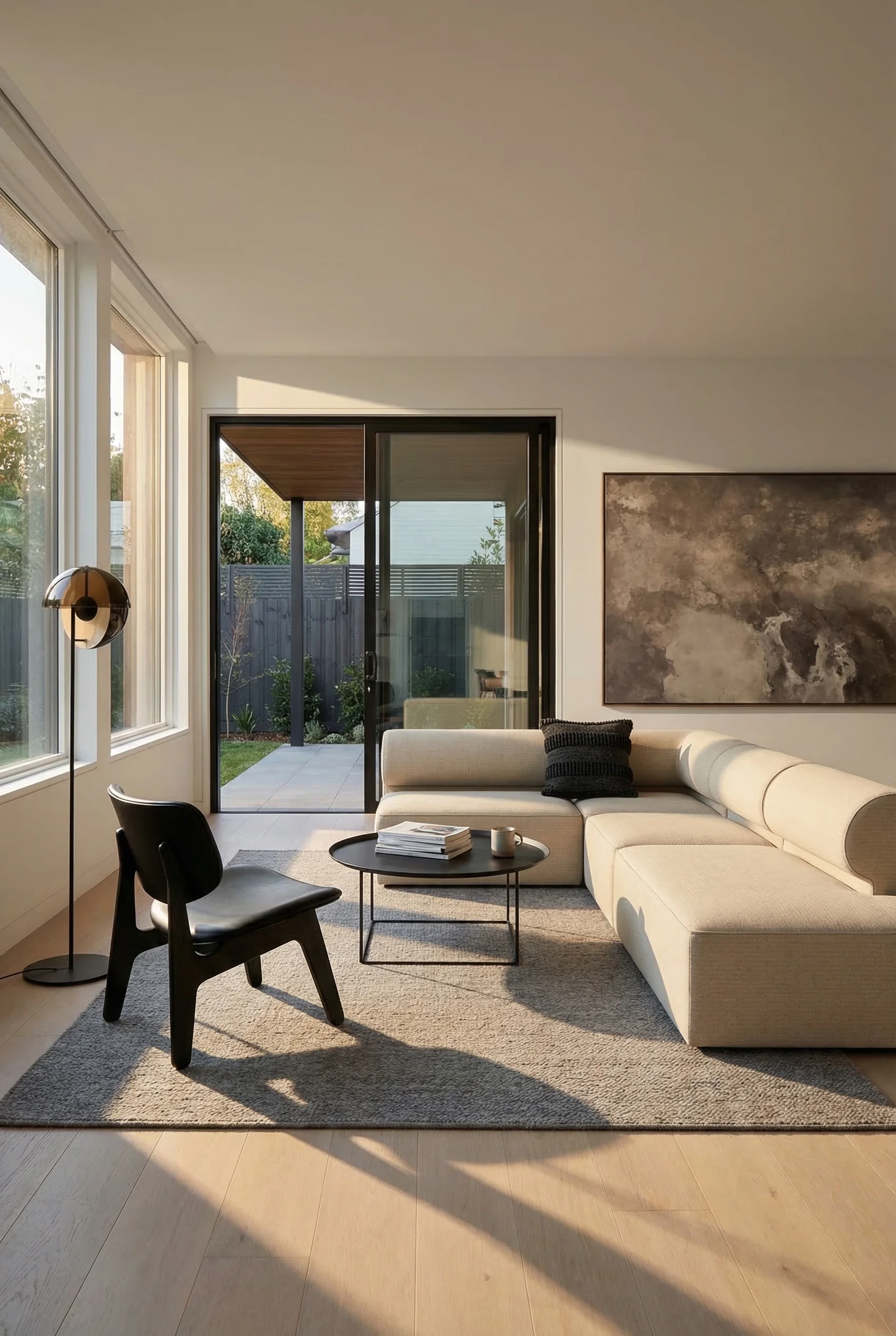 How to design a modern living room featuring white modular sofa with black iron coffee table and abstract wall art