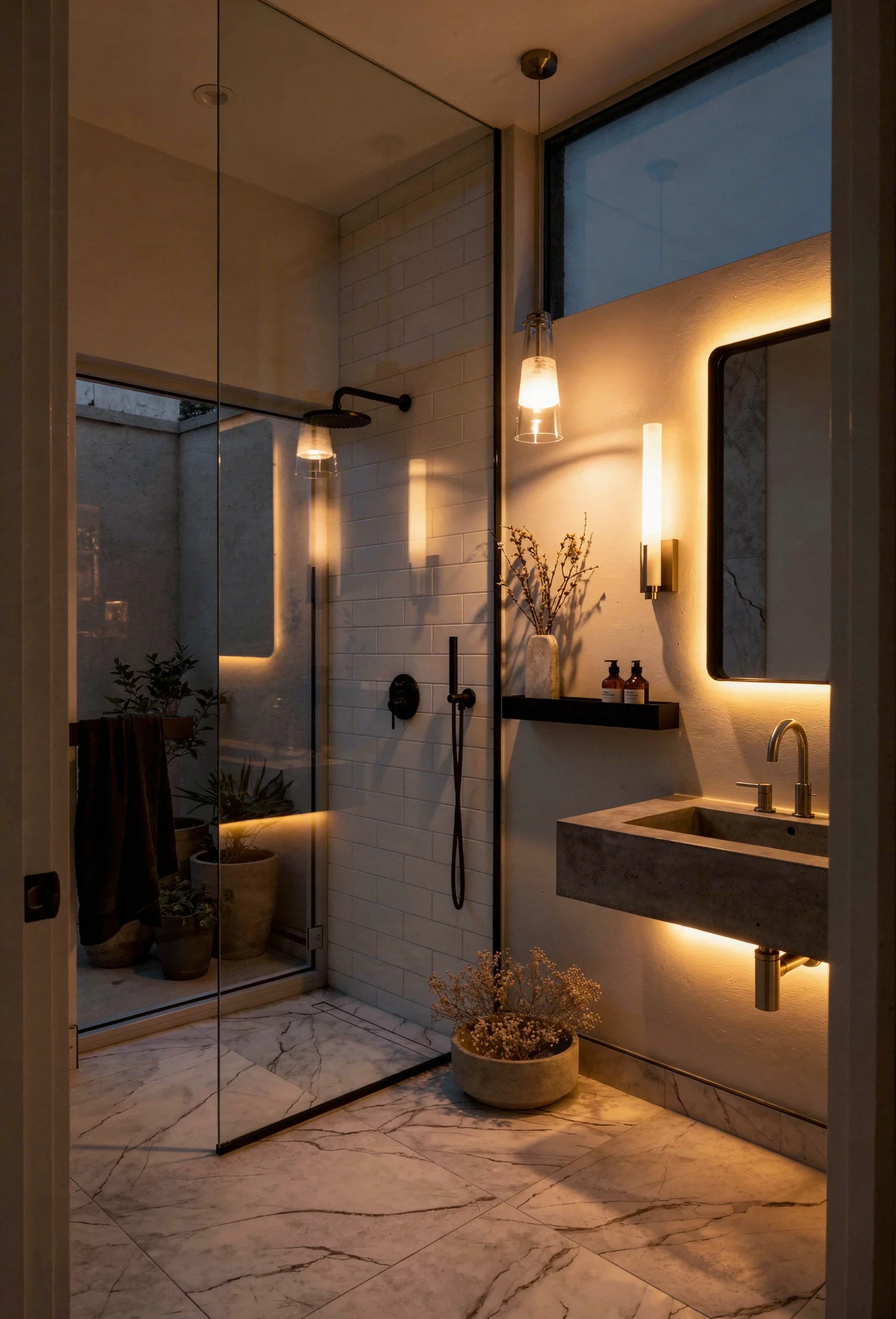 Modern small bathroom featuring black rectangular mirror with frameless glass shower panel and brushed nickel sconce evening mood