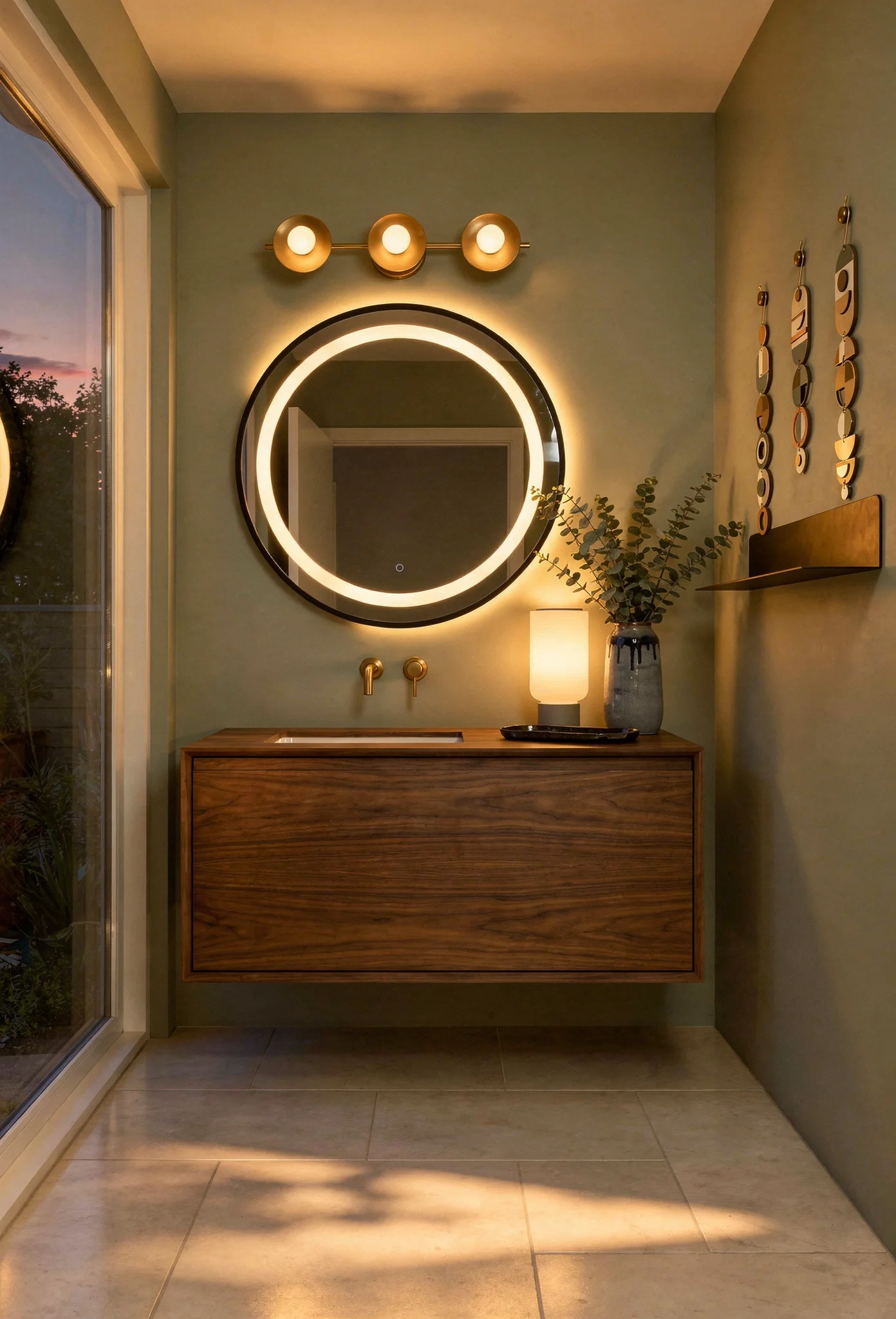 Modern small bathroom featuring black LED vanity mirror with warm gold brass sconce on green walls evening mood