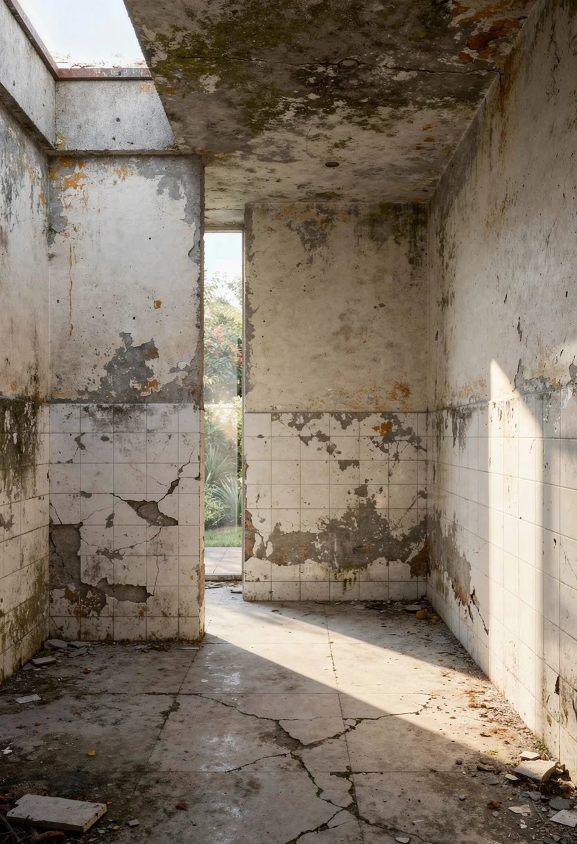 Modern small bathroom featuring warm white LED rectangular mirror with curbless shower and grey Dimpse walls empty room