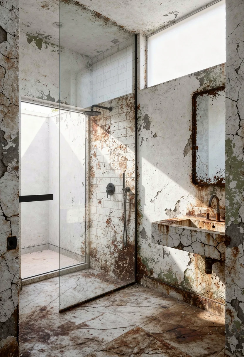 Modern small bathroom featuring black rectangular mirror with frameless glass shower panel and brushed nickel sconce empty room