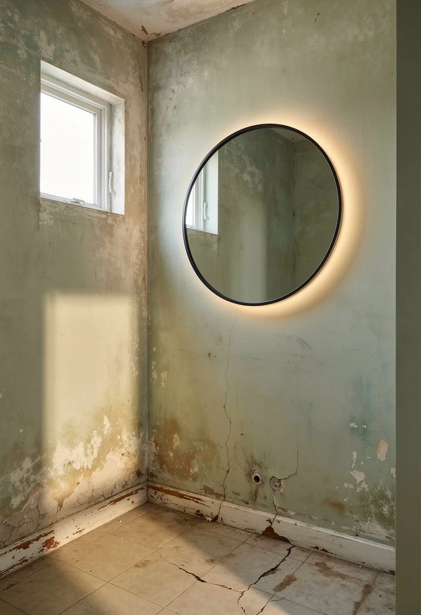 Modern small bathroom featuring oak floating vanity with round backlit mirror and glass candle holders empty room