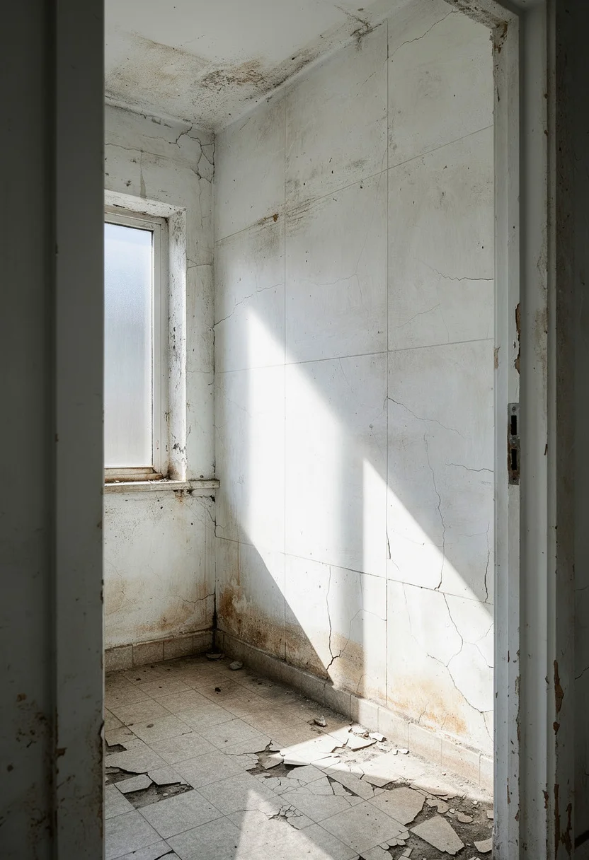 Modern small bathroom tile featuring black oak framed mirror with chrome vanity light and marble porcelain walls empty room