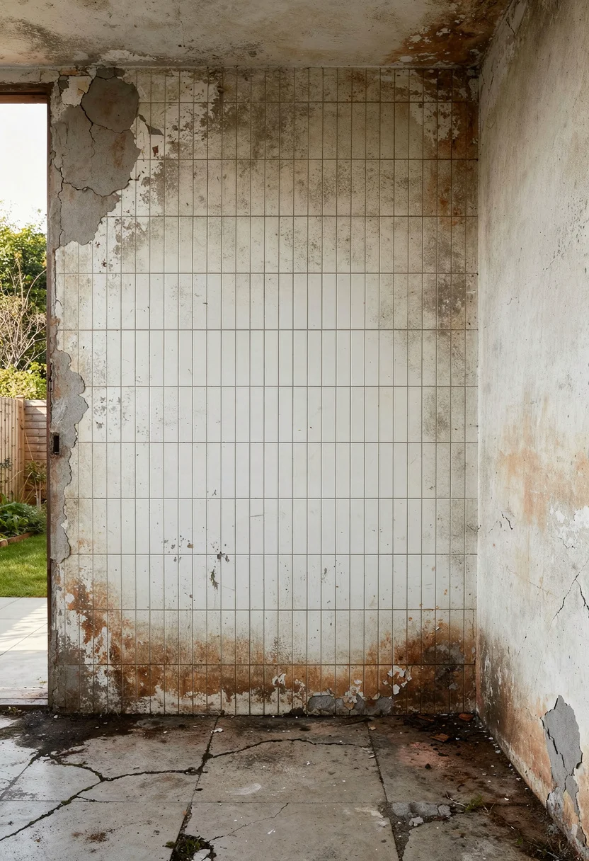 Modern small bathroom tile featuring oak framed mirror with floor to ceiling subway tile empty room