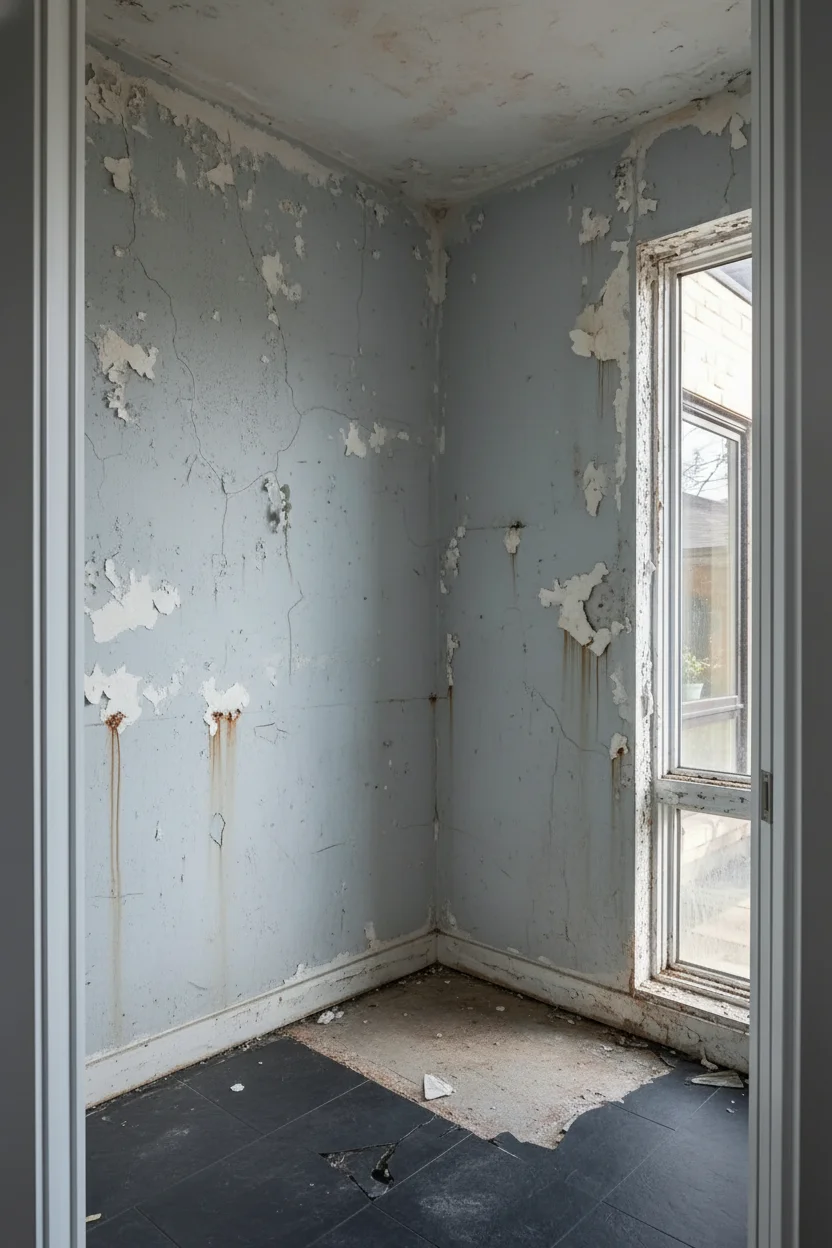 Modern small bathroom featuring black leather round mirror with corner vanity and floating black shelving empty room