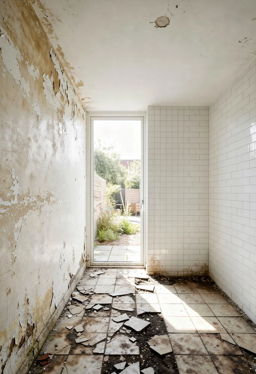 Modern small bathroom featuring silver half-circle mirror with glass partition dividing wet and dry zones empty room