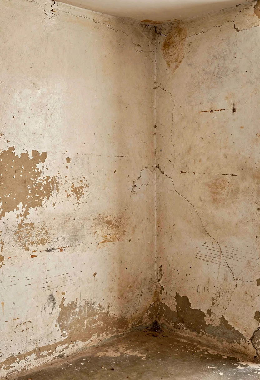 Modern small bathroom featuring white ripple glass wall sconce with brass flush mount and oak shelf empty room