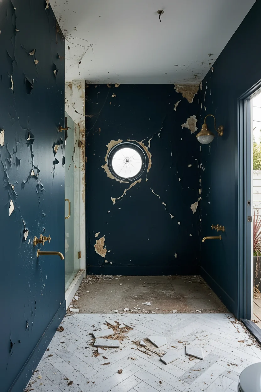 Modern small bathroom featuring brass wall mirror with navy Stiffkey Blue walls and herringbone marble floor empty room