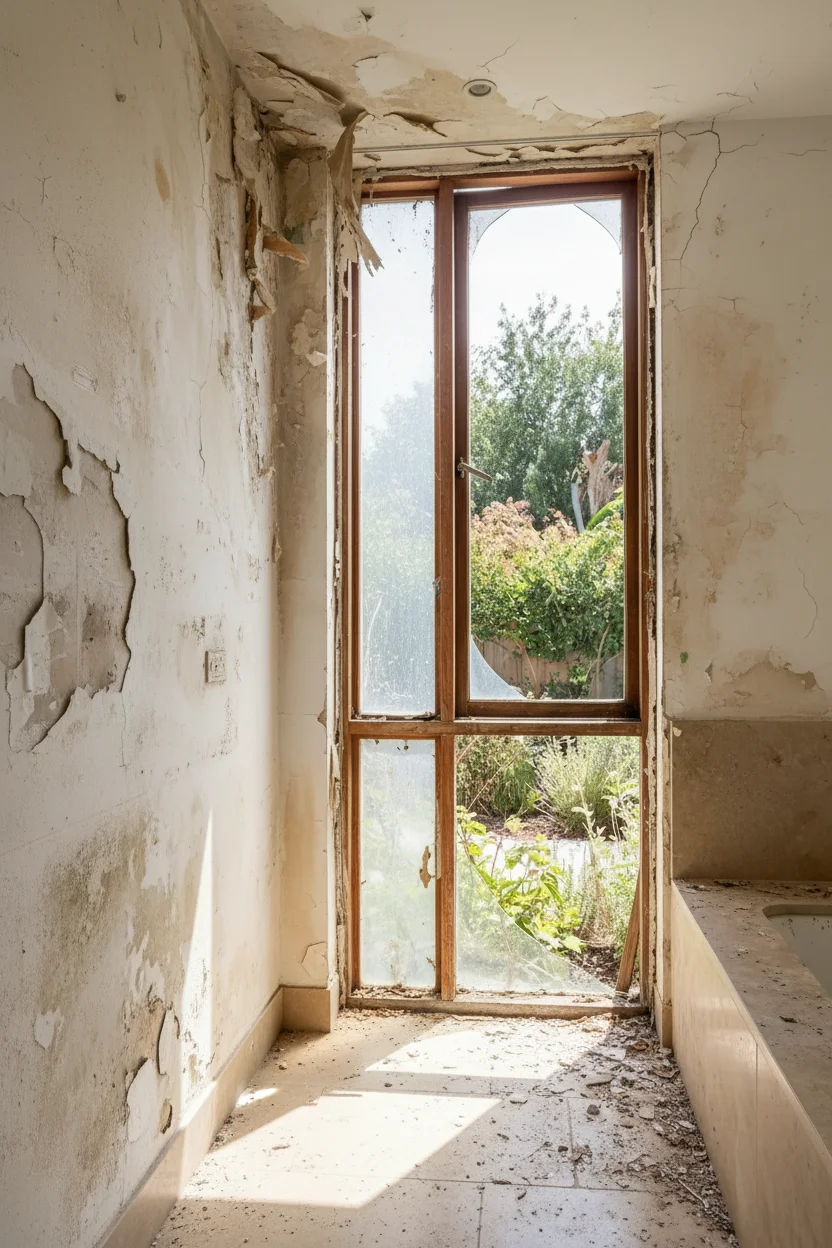 Modern small bathroom featuring bronze art deco mirror with crystal vanity sconce and warm Pointing walls empty room