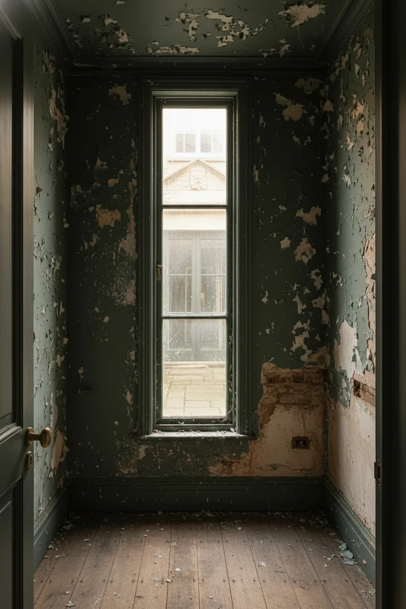 Modern small bathroom featuring sculptural silver mirror with deep sage Card Room Green walls empty room
