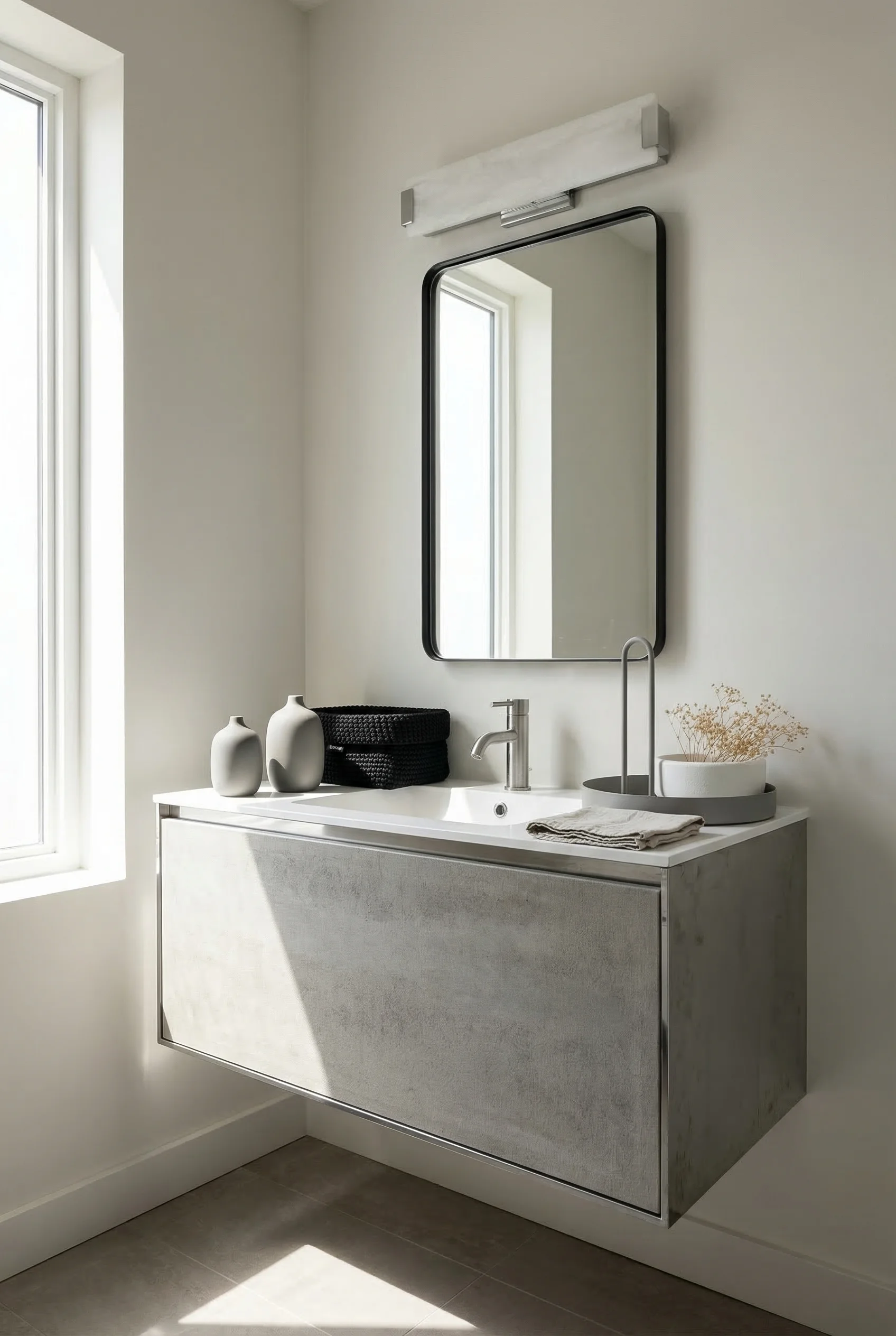 Modern small bathroom featuring black framed rectangular mirror with chrome vanity light and grey ceramic vases