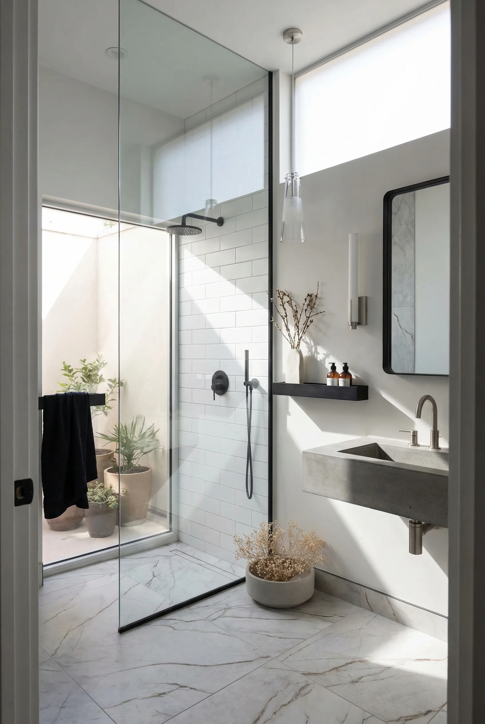 Modern small bathroom featuring black rectangular mirror with frameless glass shower panel and brushed nickel sconce