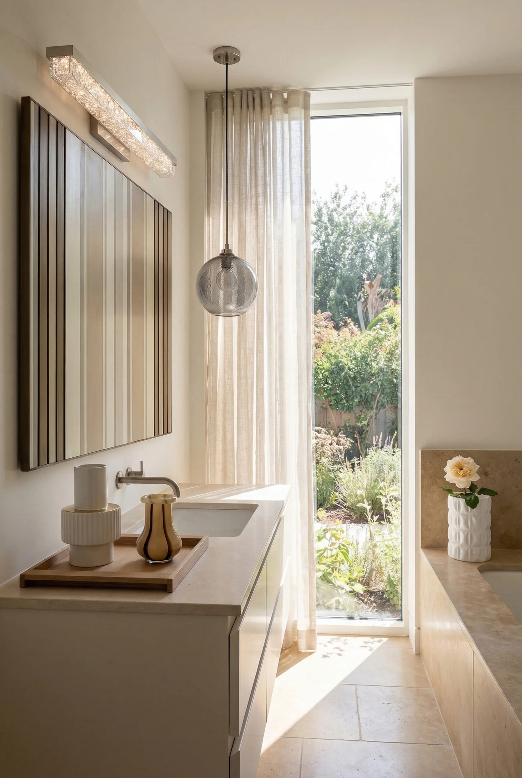 Modern small bathroom featuring bronze art deco mirror with crystal vanity sconce and warm Pointing walls