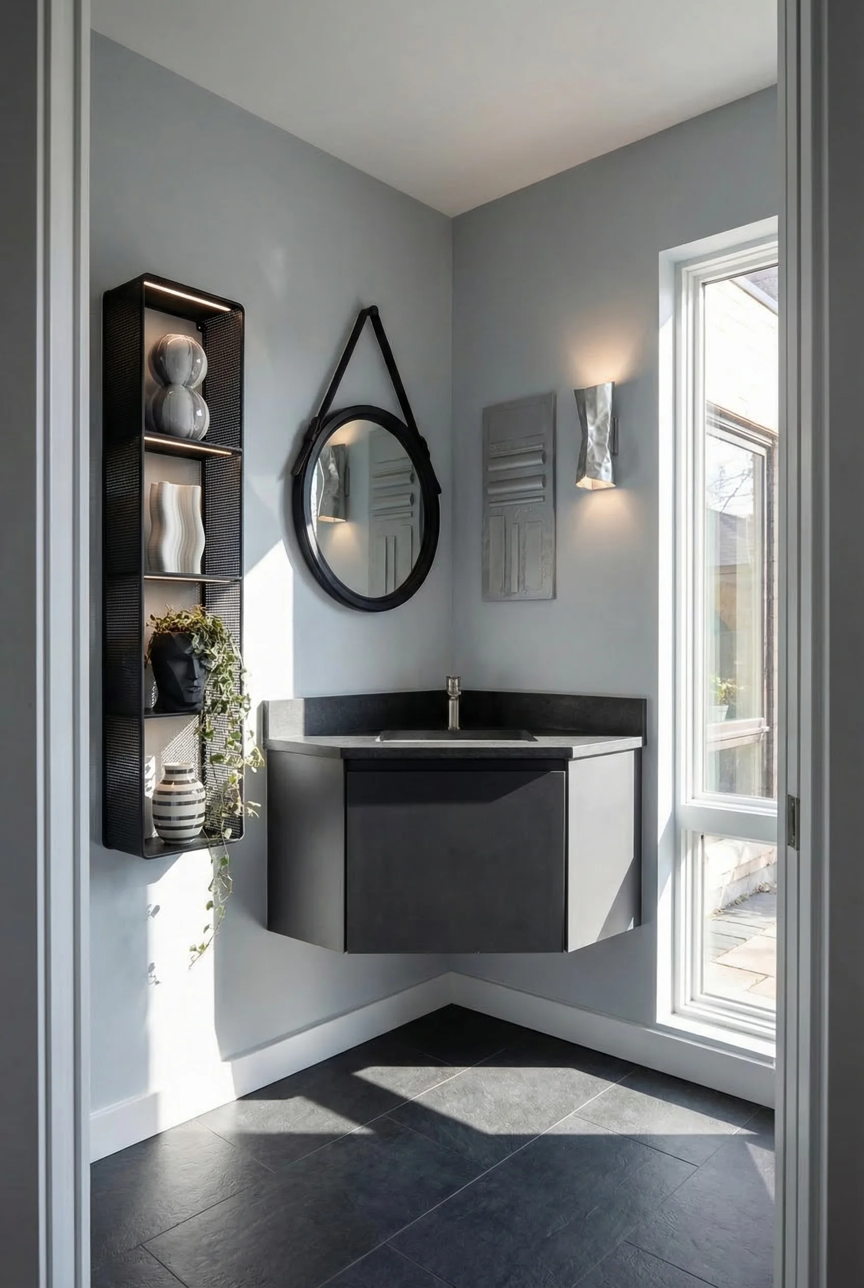 Modern small bathroom featuring black leather round mirror with corner vanity and floating black shelving
