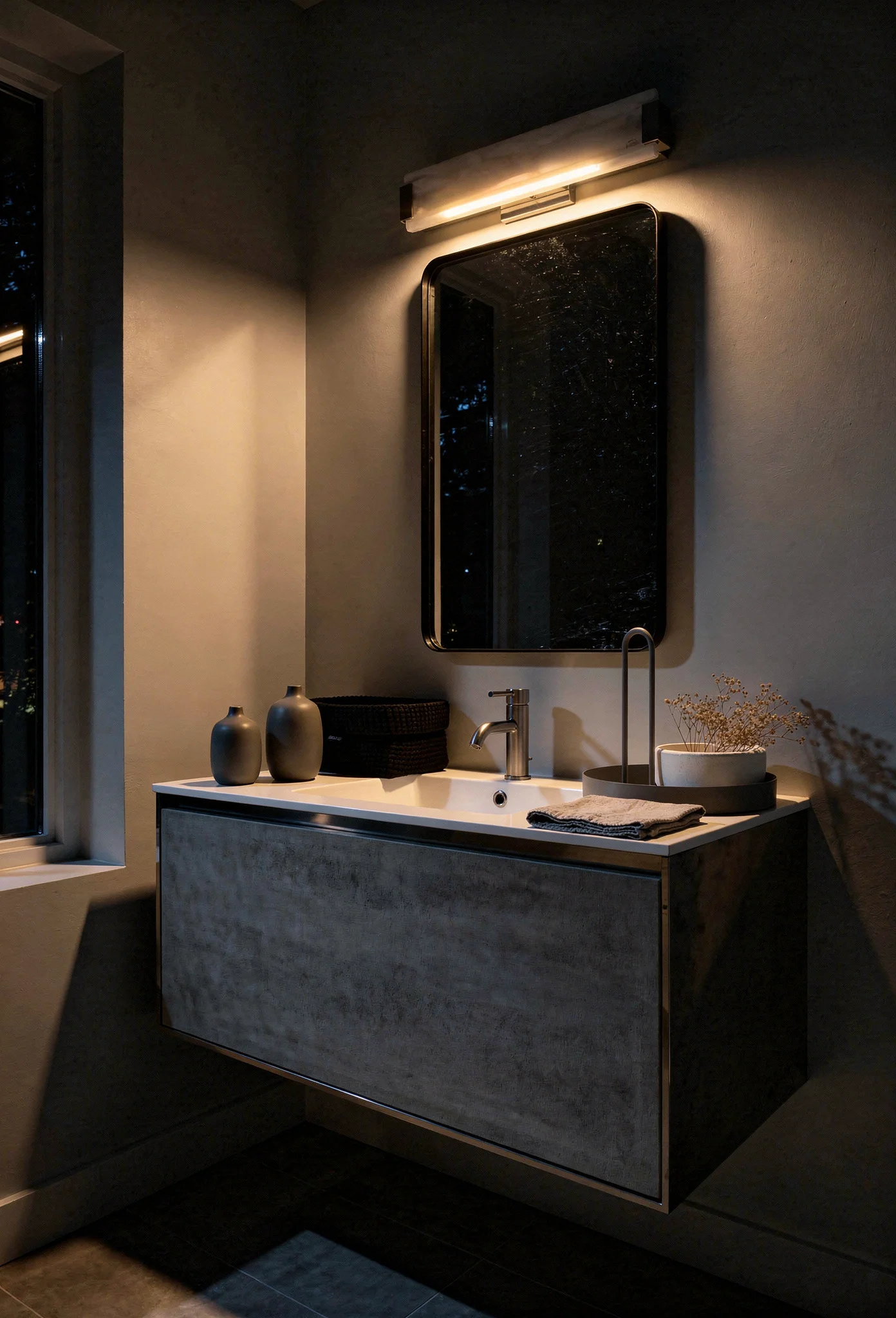 Modern small bathroom featuring black framed rectangular mirror with chrome vanity light and grey ceramic vases evening mood