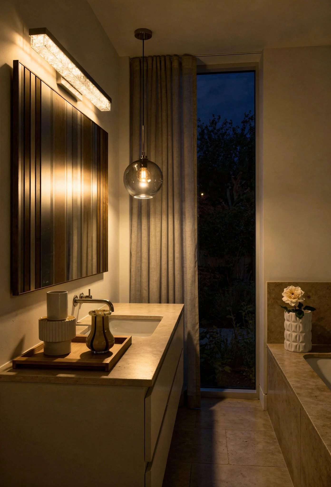 Modern small bathroom featuring bronze art deco mirror with crystal vanity sconce and warm Pointing walls evening mood
