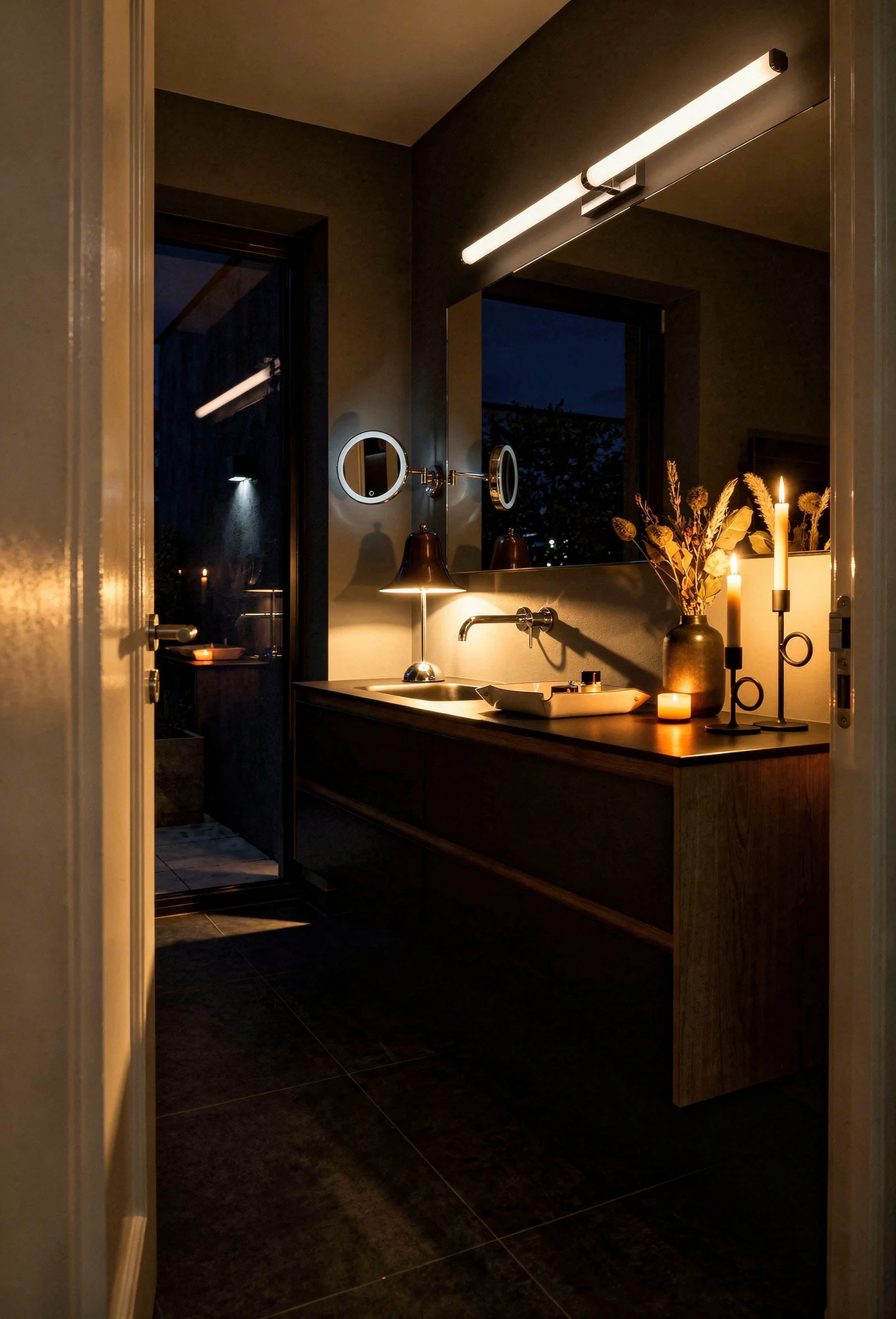 Modern small bathroom featuring chrome linear vanity light bar with brown portable lamp and leather tray evening mood