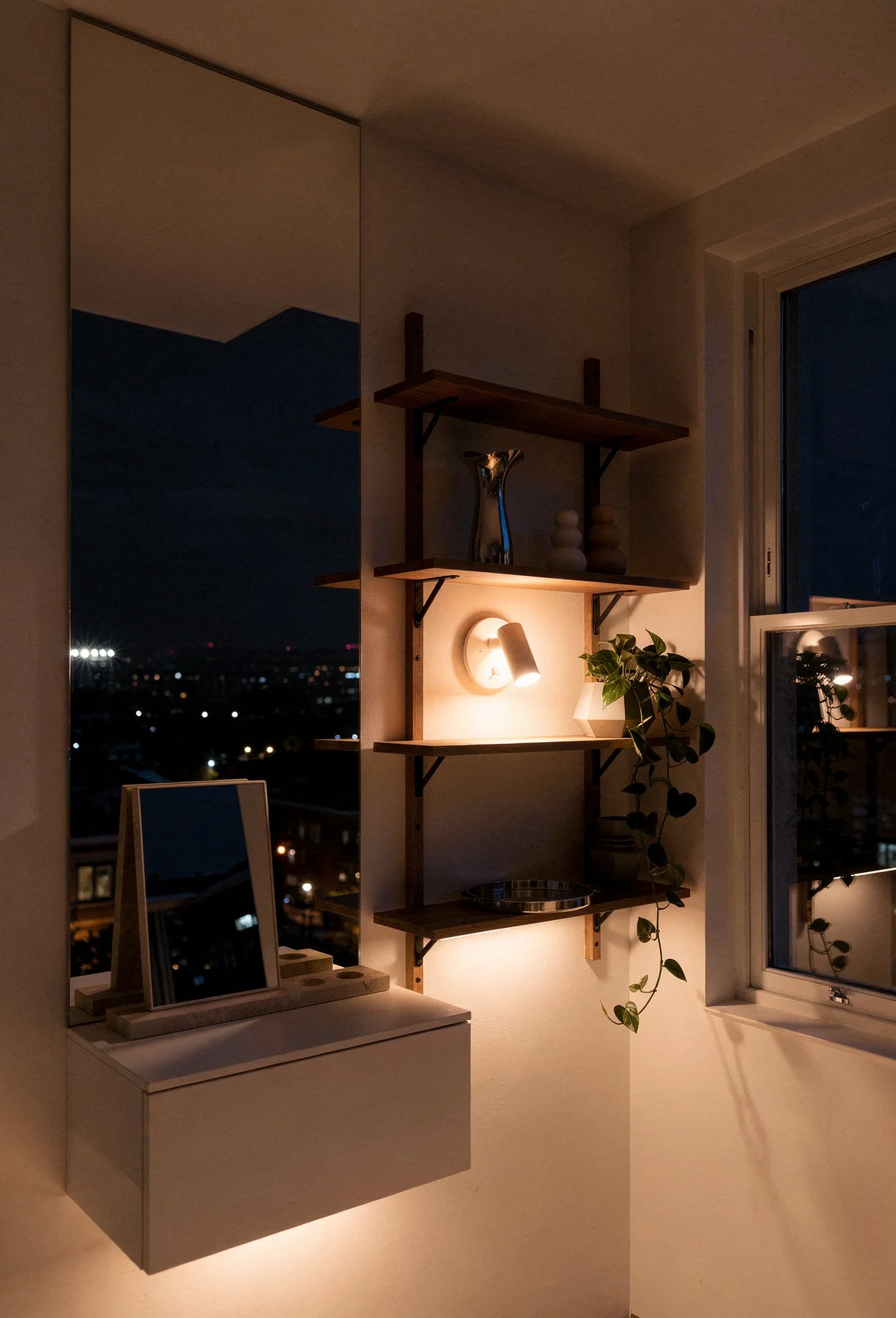 Modern small bathroom layout featuring ivory travertine mirror with oak floating shelves evening mood