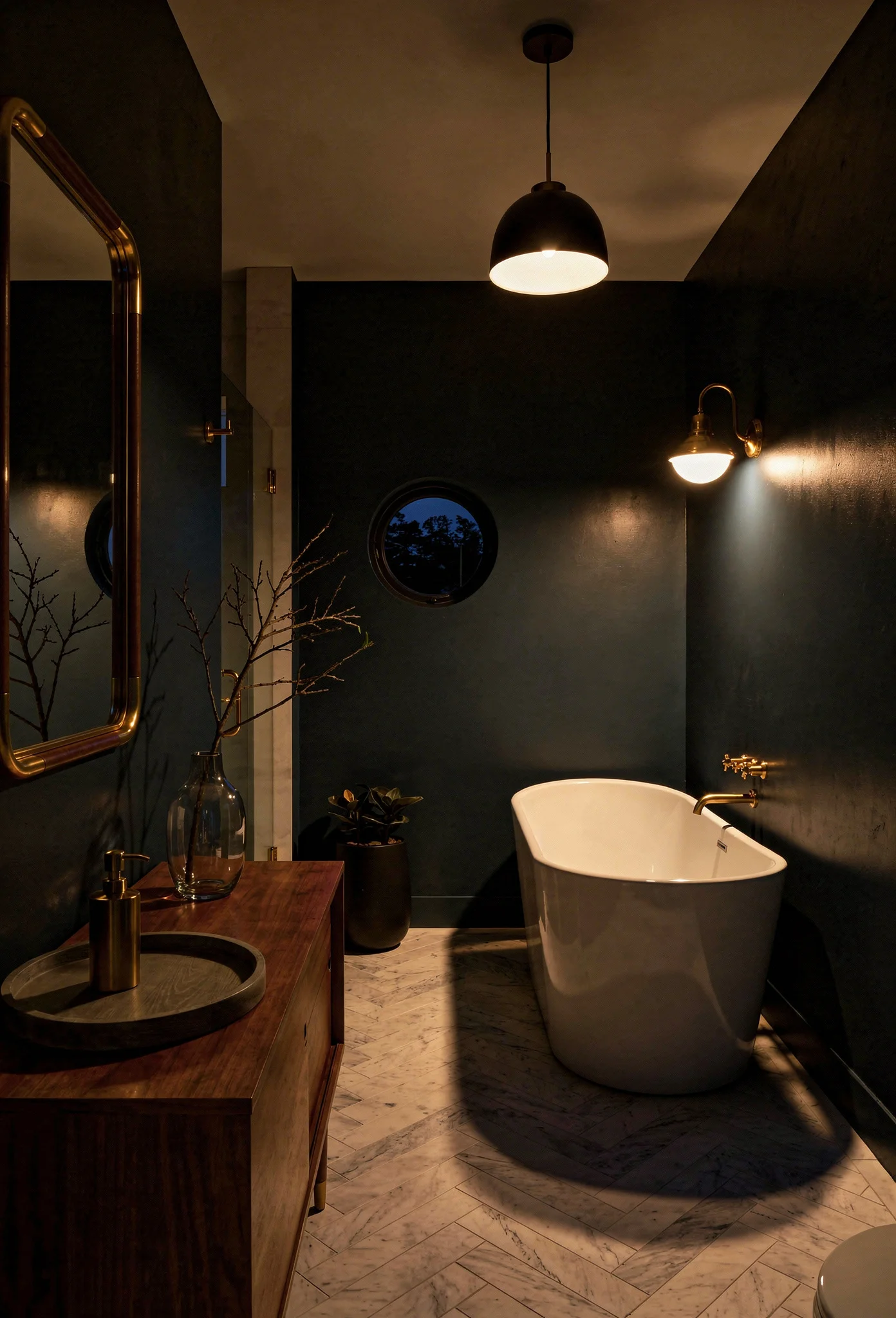 Modern small bathroom featuring brass wall mirror with navy Stiffkey Blue walls and herringbone marble floor evening mood