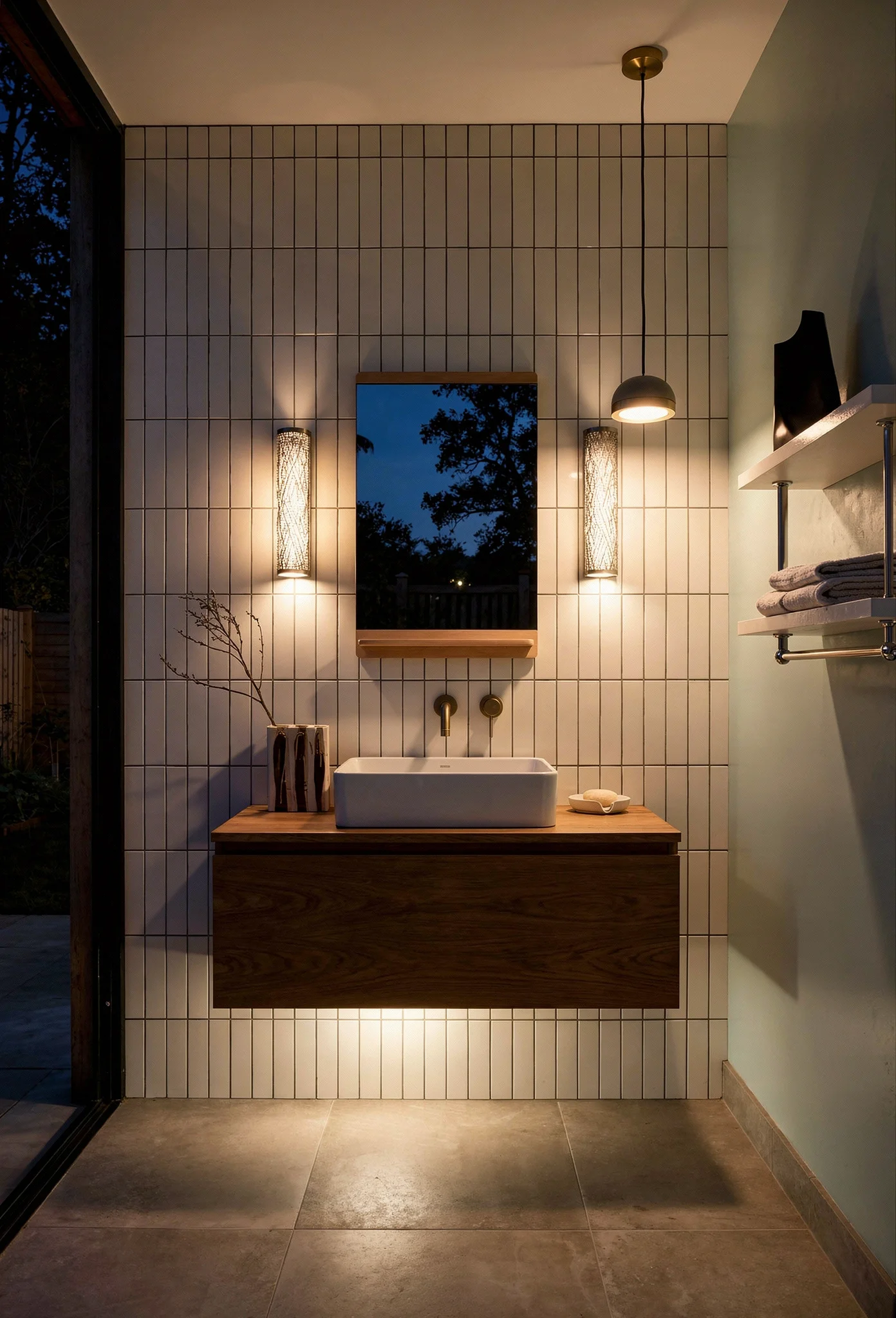 Modern small bathroom tile featuring oak framed mirror with floor to ceiling subway tile evening mood