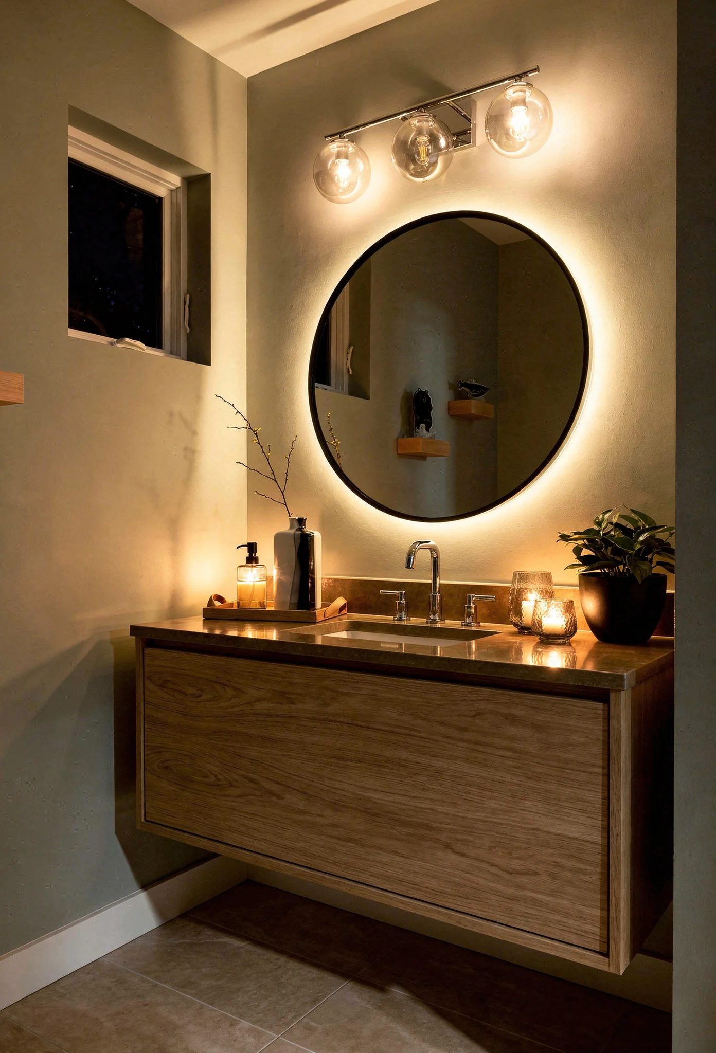 Modern small bathroom featuring oak floating vanity with round backlit mirror and glass candle holders evening mood