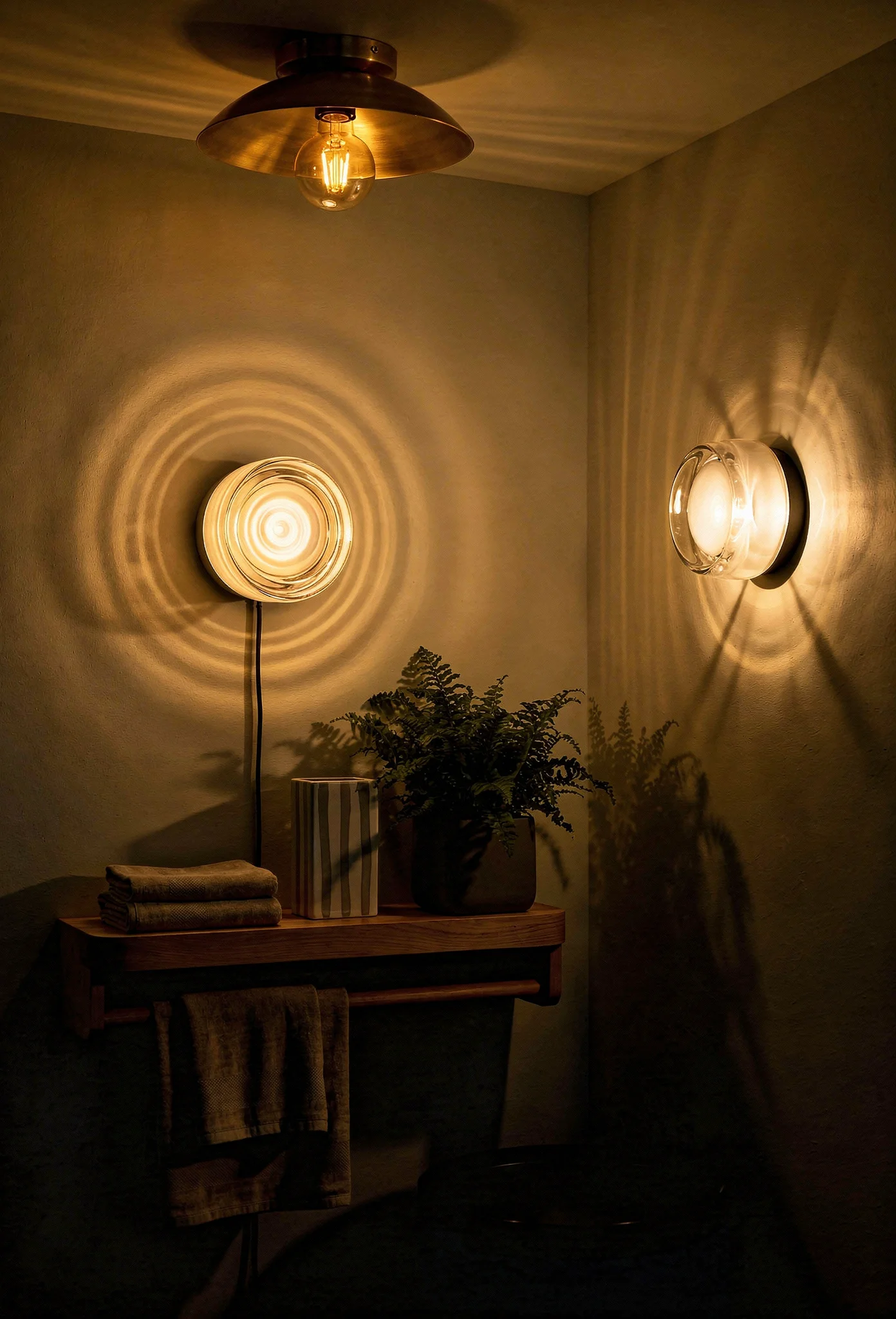 Modern small bathroom featuring white ripple glass wall sconce with brass flush mount and oak shelf evening mood