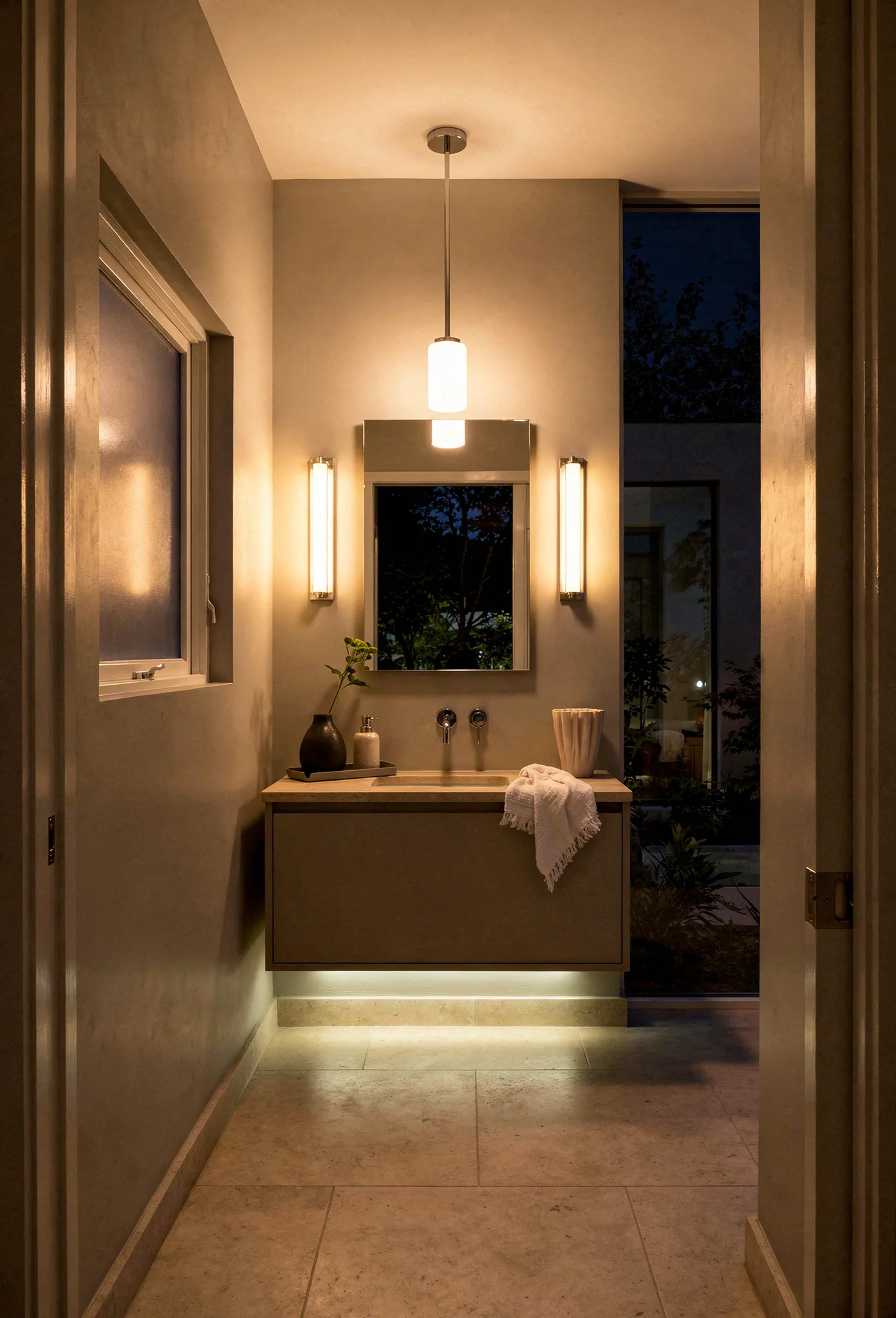 Modern small bathroom lighting featuring vista vanity mirror with paired swale sconces and oslo pendant evening mood