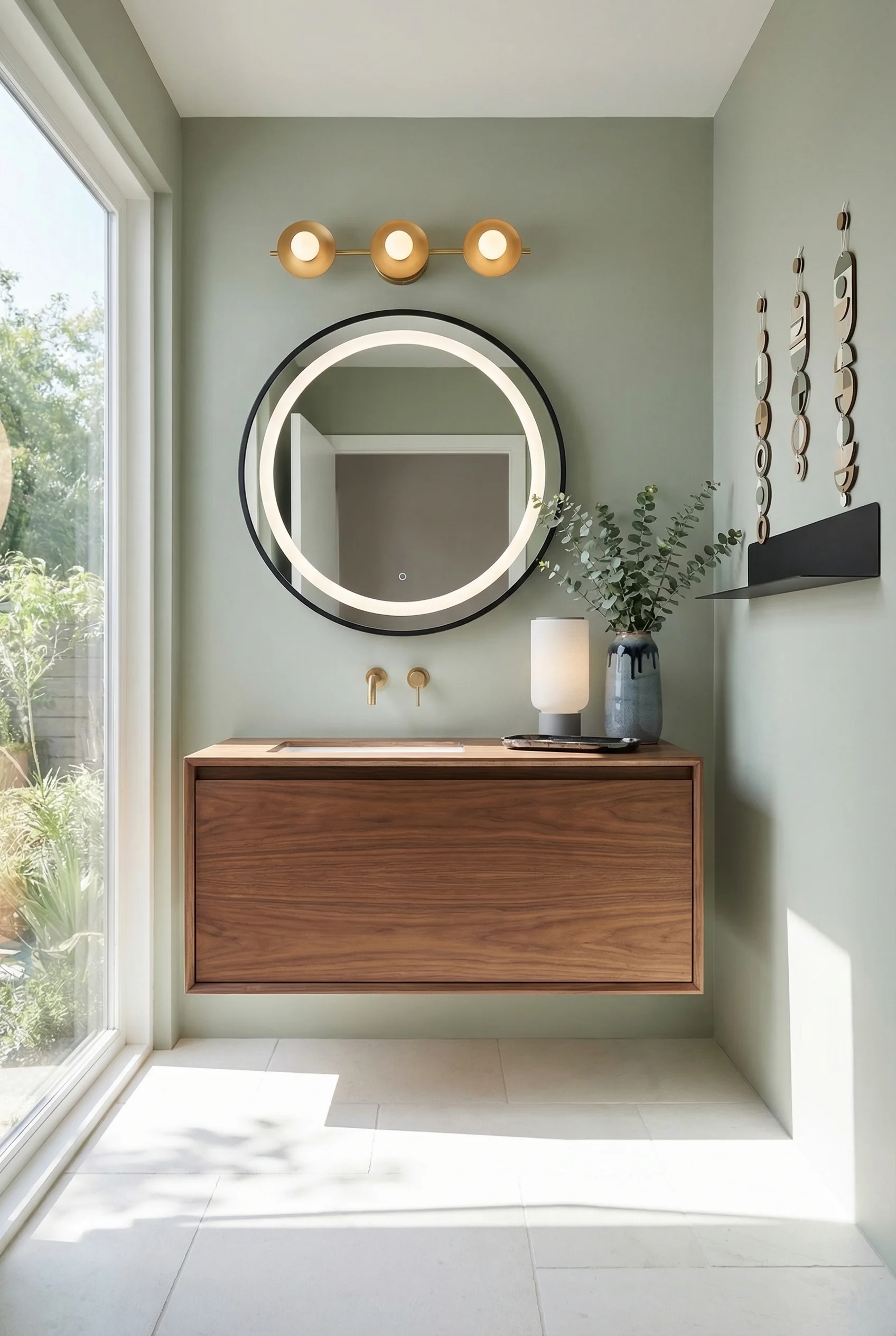 Modern small bathroom featuring black LED vanity mirror with warm gold brass sconce on green walls