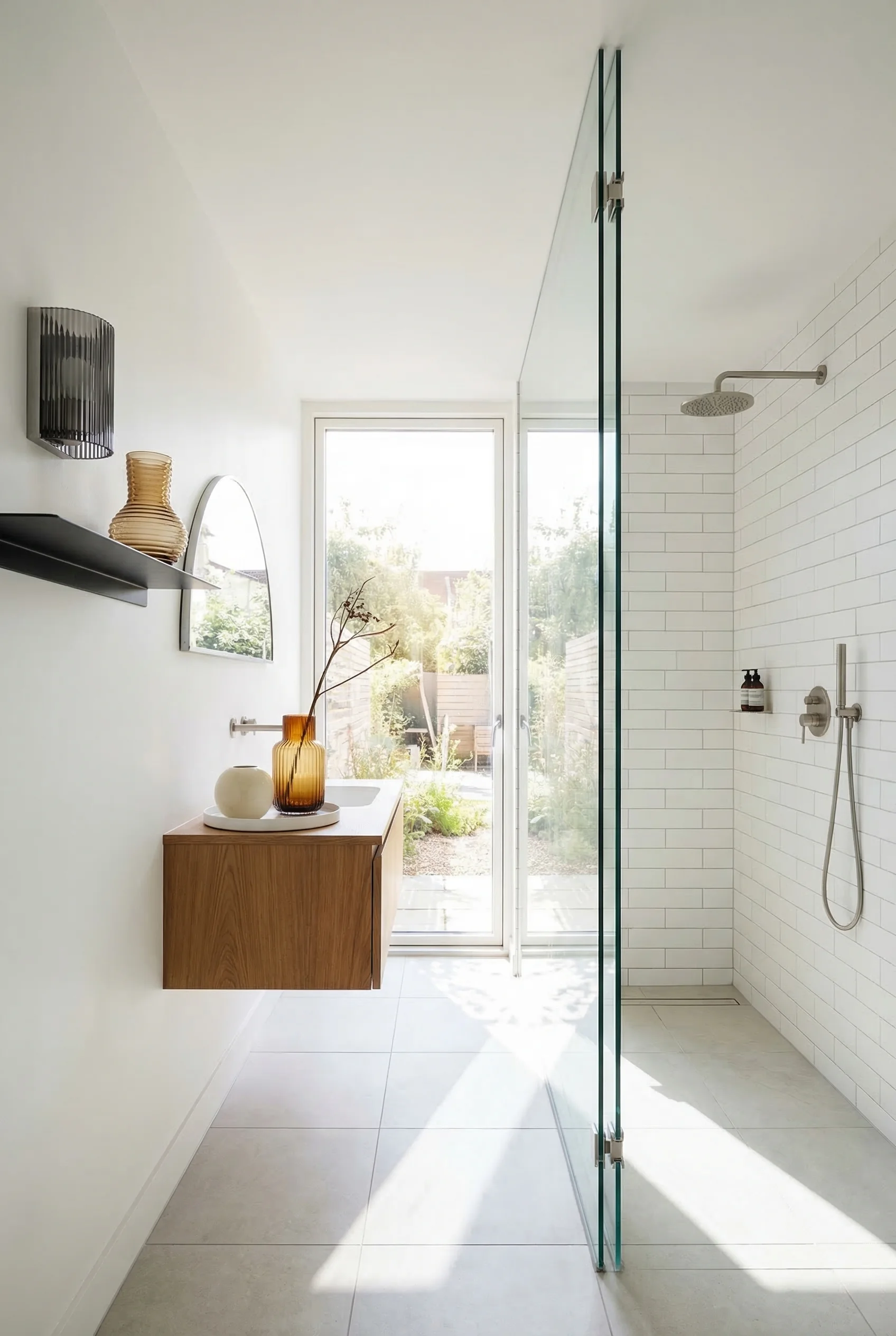 Modern small bathroom featuring silver half-circle mirror with glass partition dividing wet and dry zones