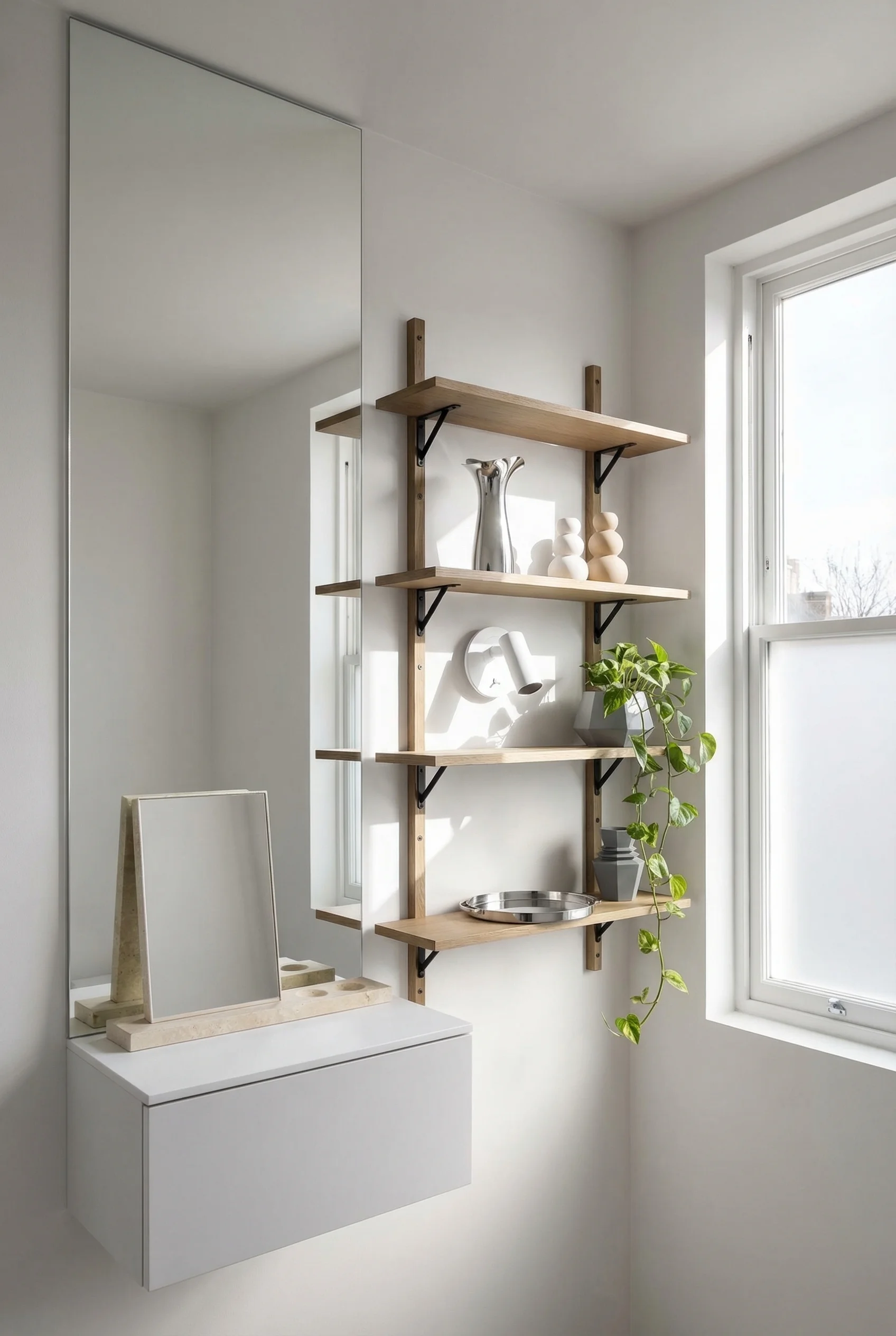 Modern small bathroom layout featuring ivory travertine mirror with oak floating shelves