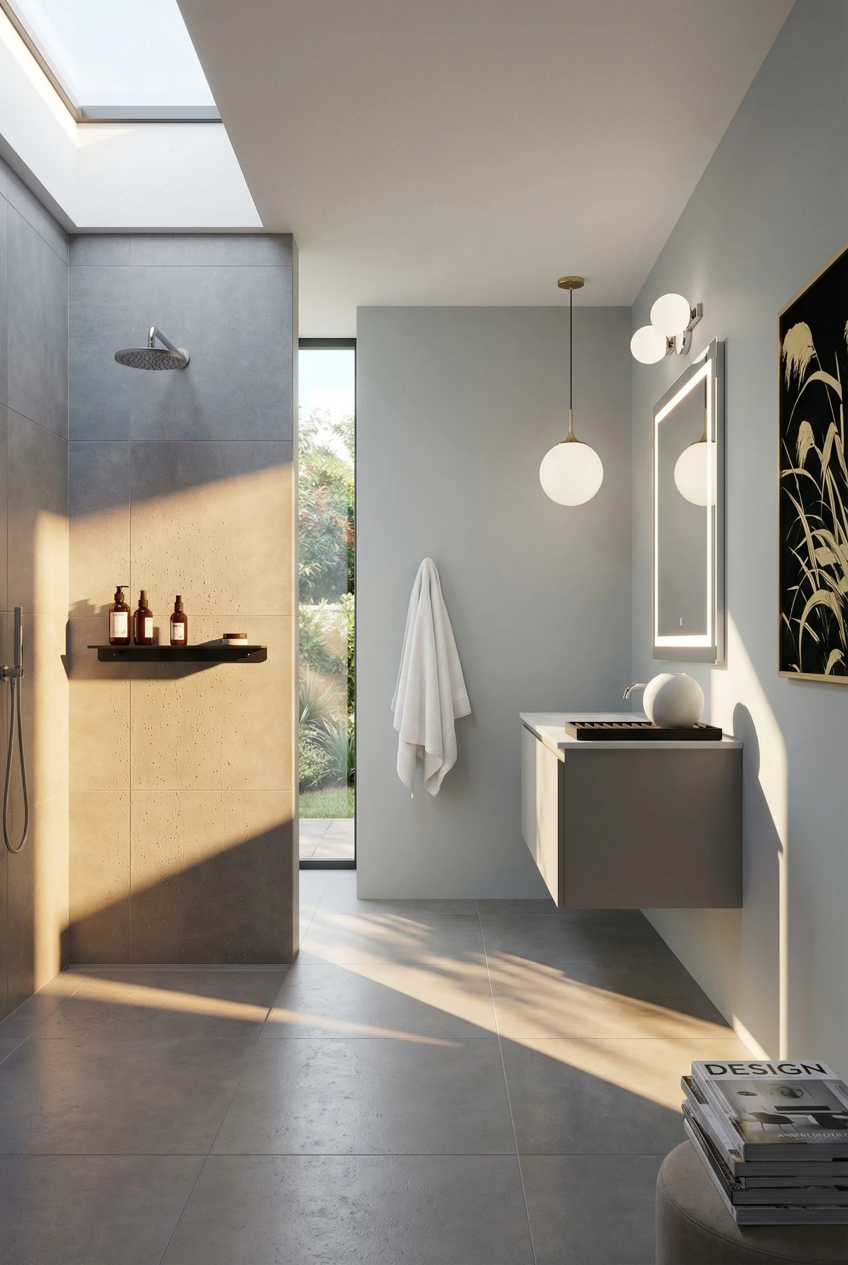 Modern small bathroom featuring warm white LED rectangular mirror with curbless shower and grey Dimpse walls