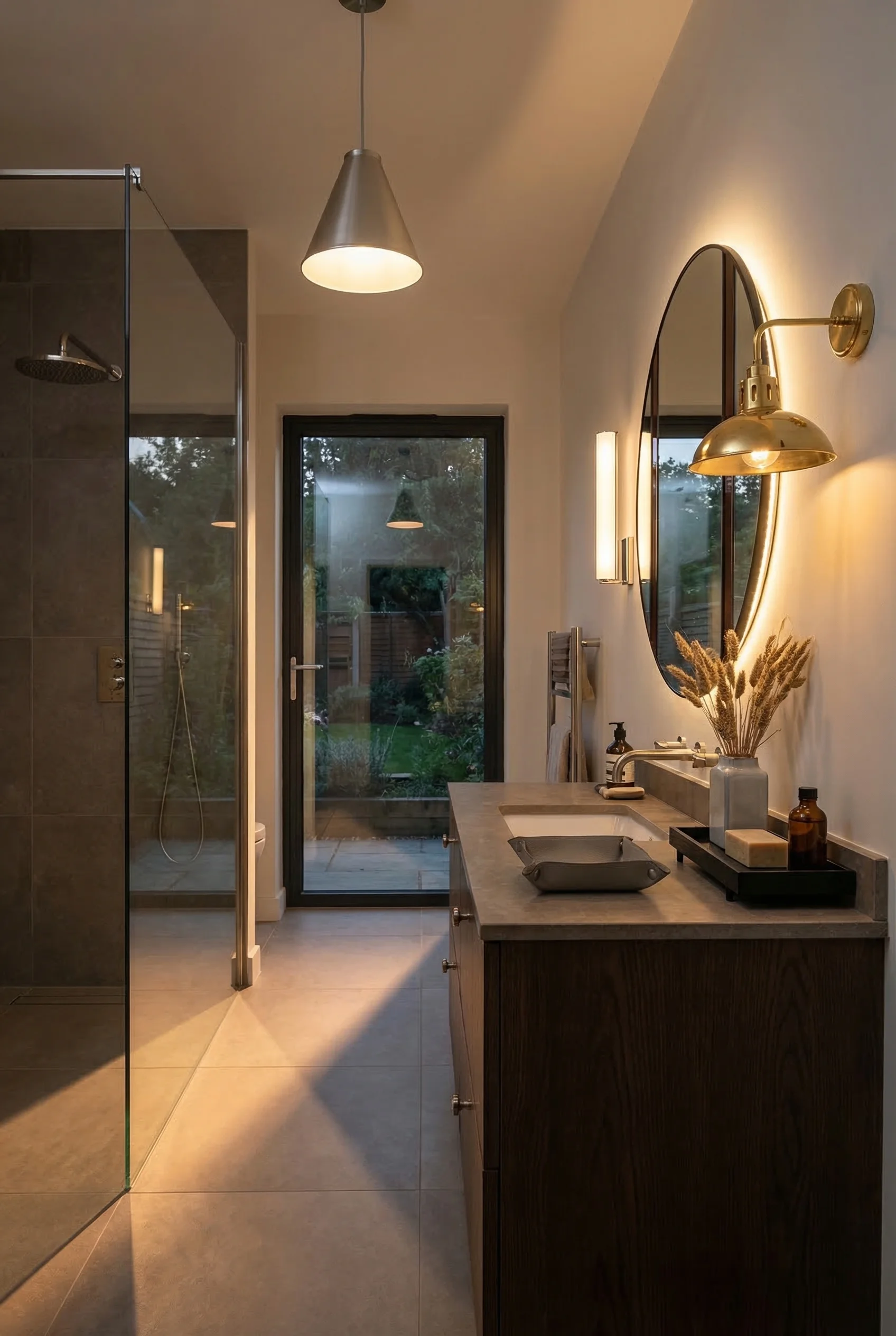 Modern small bathroom lighting featuring art deco stained glass mirror with layered sconces and pendant
