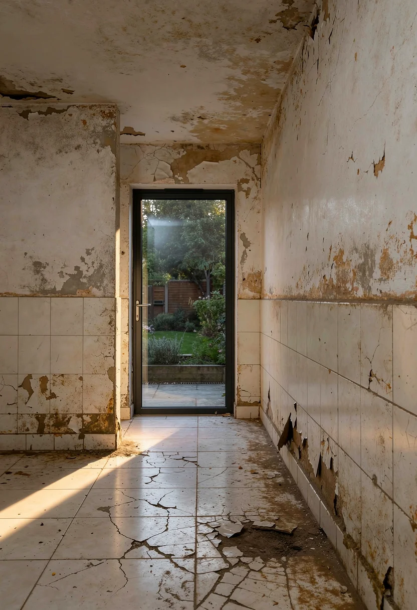 Modern small bathroom lighting featuring art deco stained glass mirror with layered sconces and pendant empty room