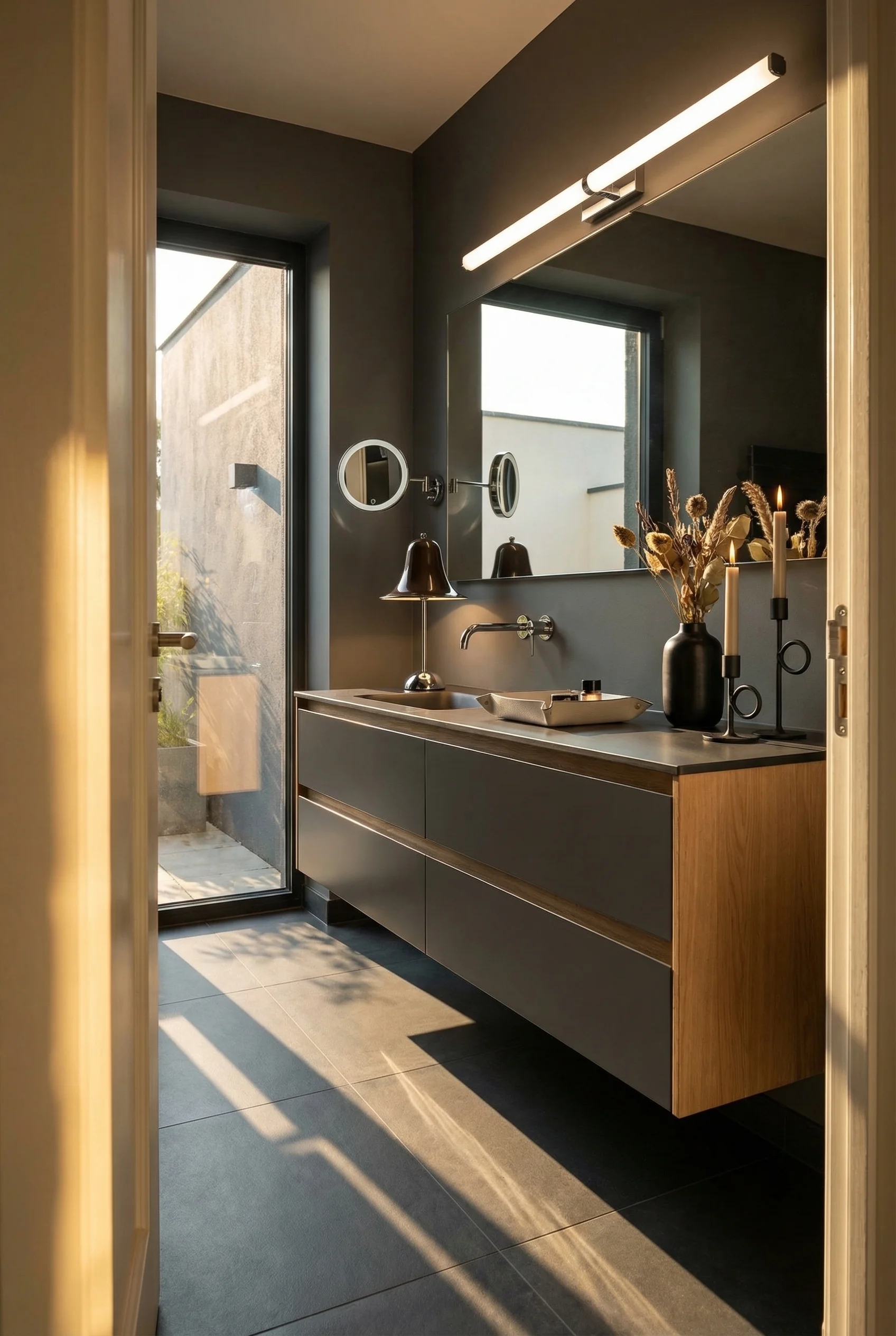 Modern small bathroom featuring chrome linear vanity light bar with brown portable lamp and leather tray